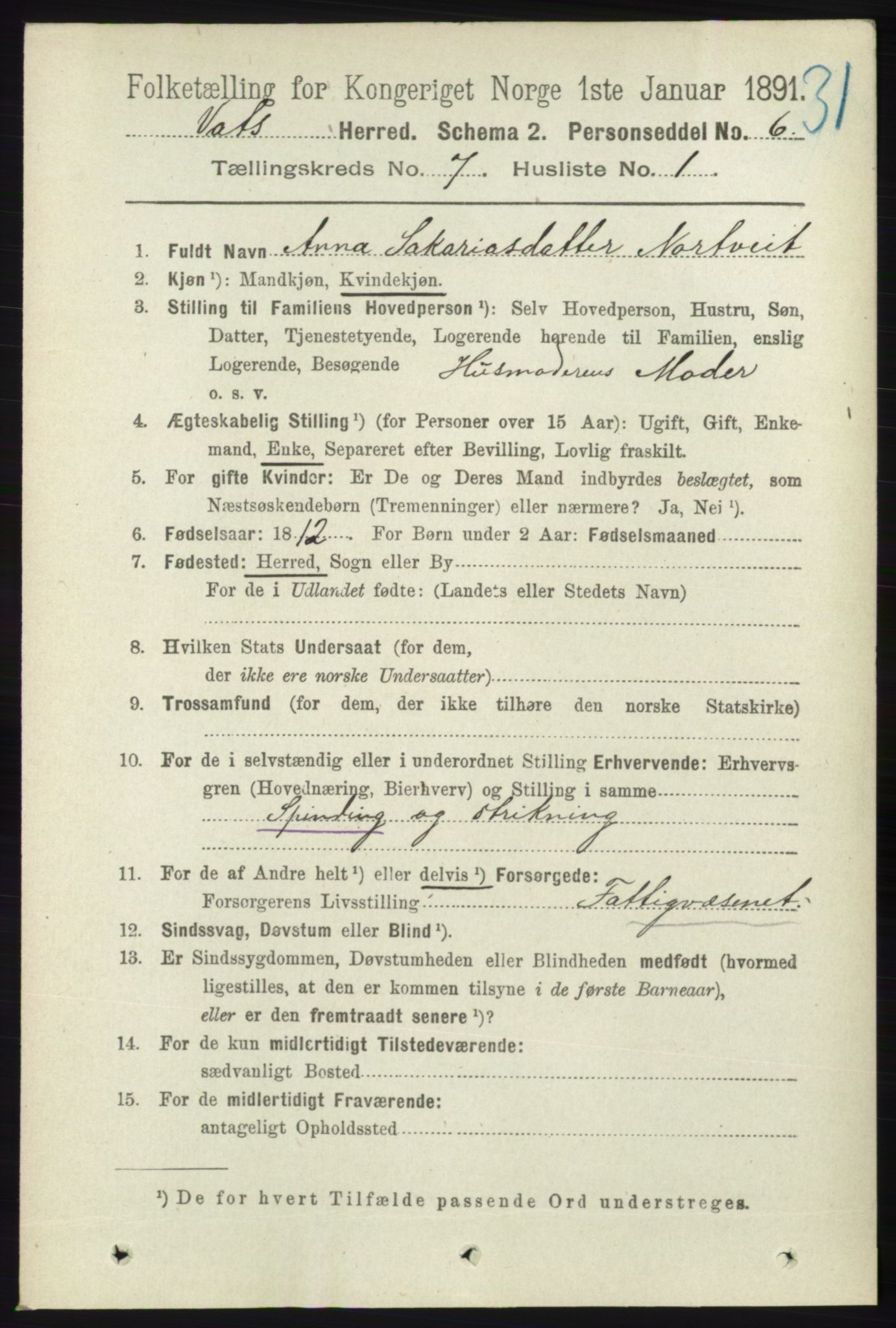 RA, 1891 census for 1155 Vats, 1891, p. 1105