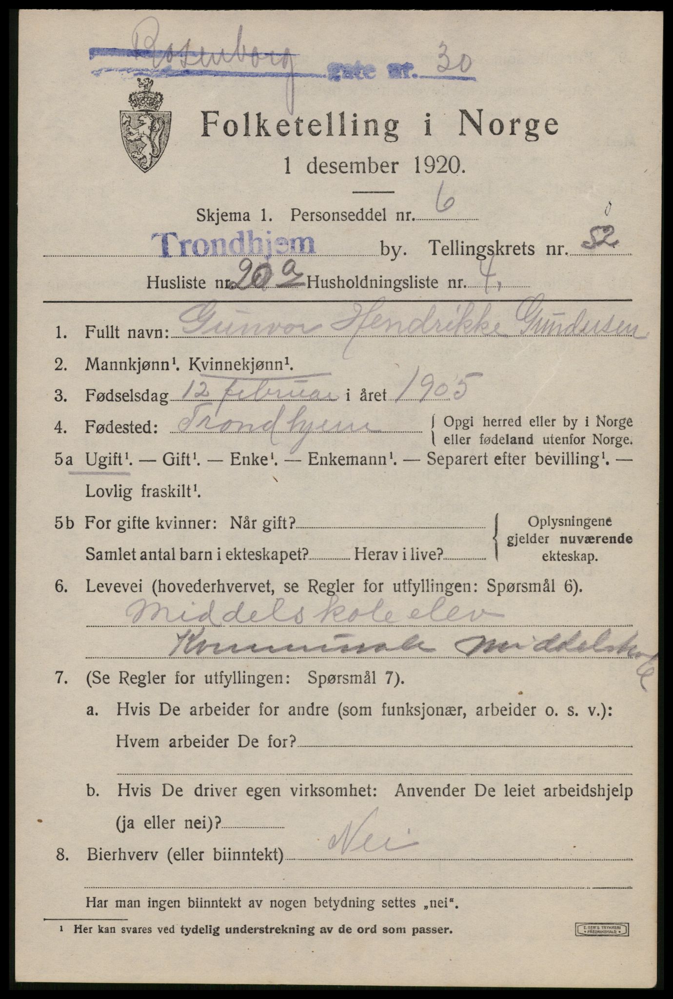 SAT, 1920 census for Trondheim, 1920, p. 107682