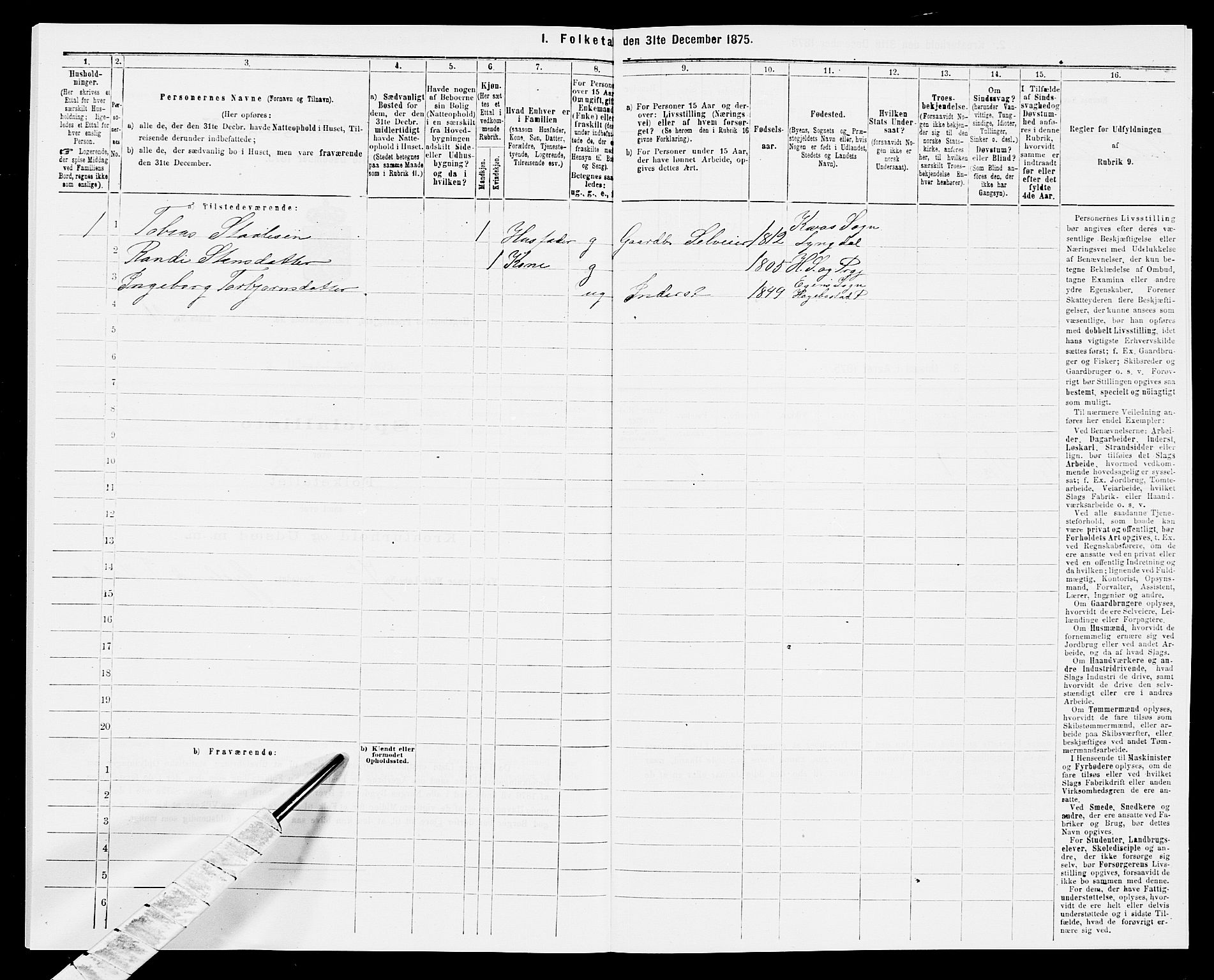 SAK, 1875 census for 1034P Hægebostad, 1875, p. 196