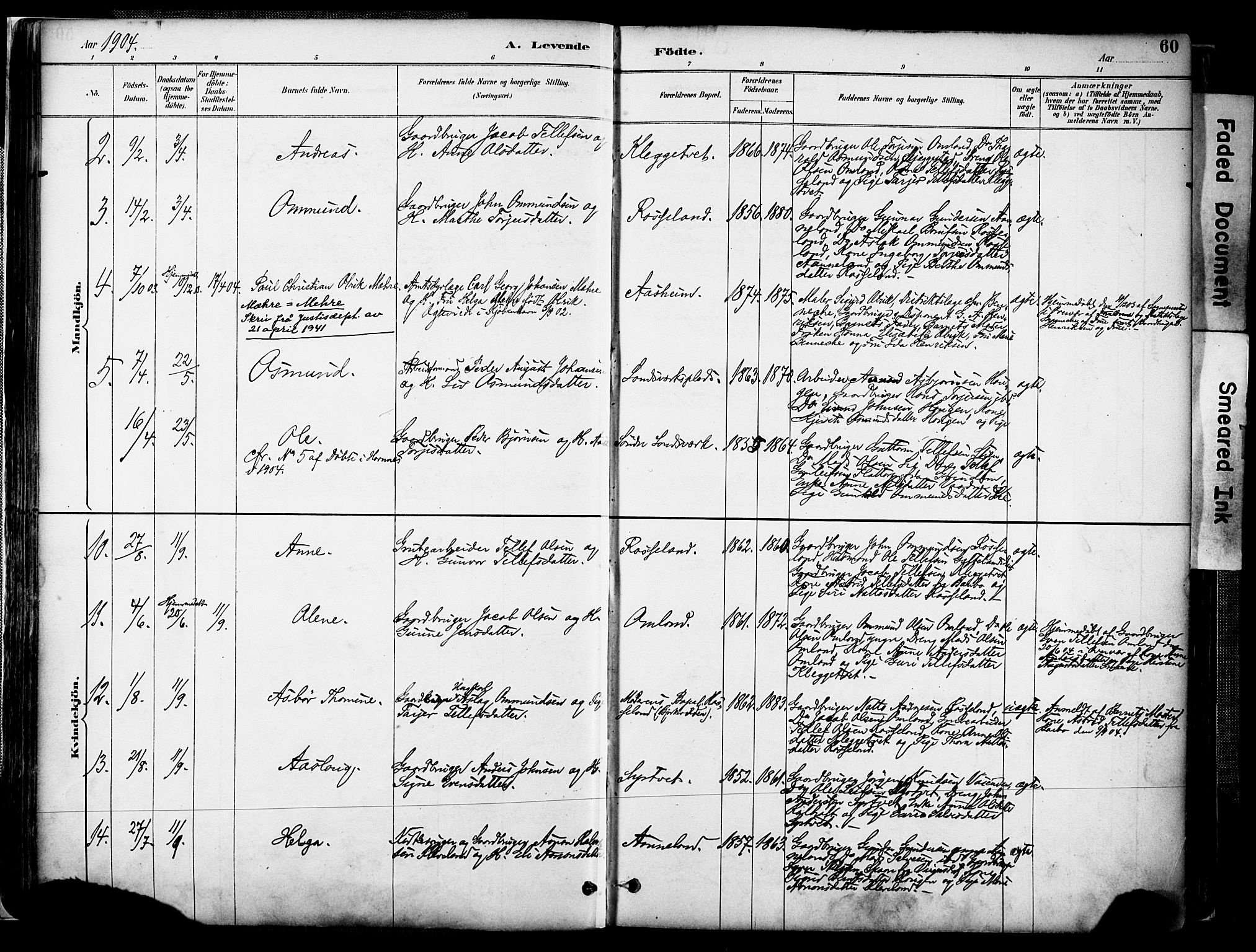 Evje sokneprestkontor, AV/SAK-1111-0008/F/Fa/Faa/L0007: Parish register (official) no. A 7, 1884-1909, p. 60