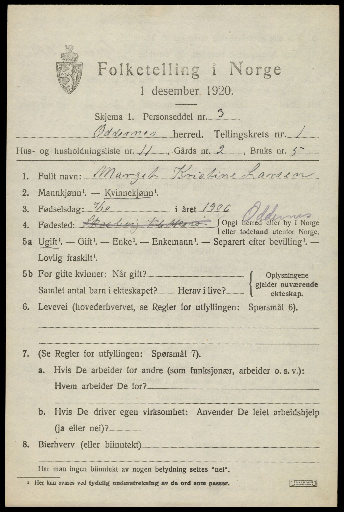 SAK, 1920 census for Oddernes, 1920, p. 2143