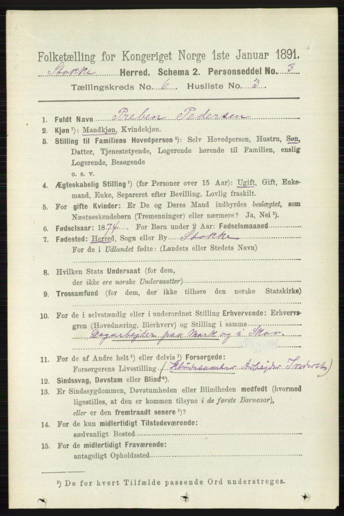 RA, 1891 census for 0720 Stokke, 1891, p. 3805