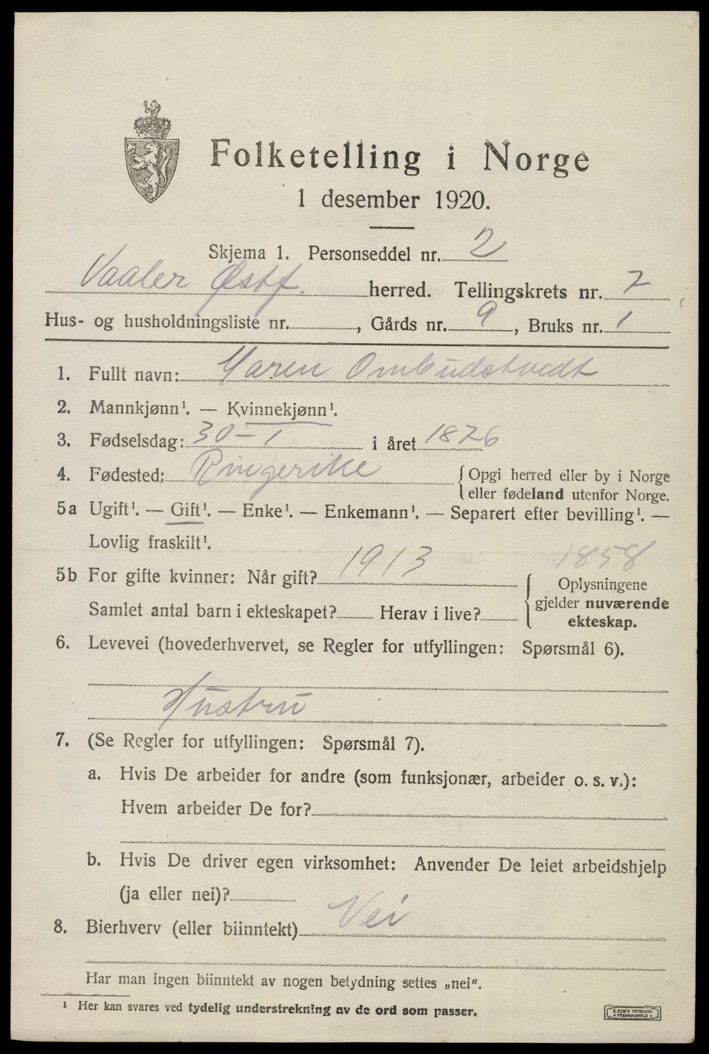 SAO, 1920 census for Våler, 1920, p. 3428