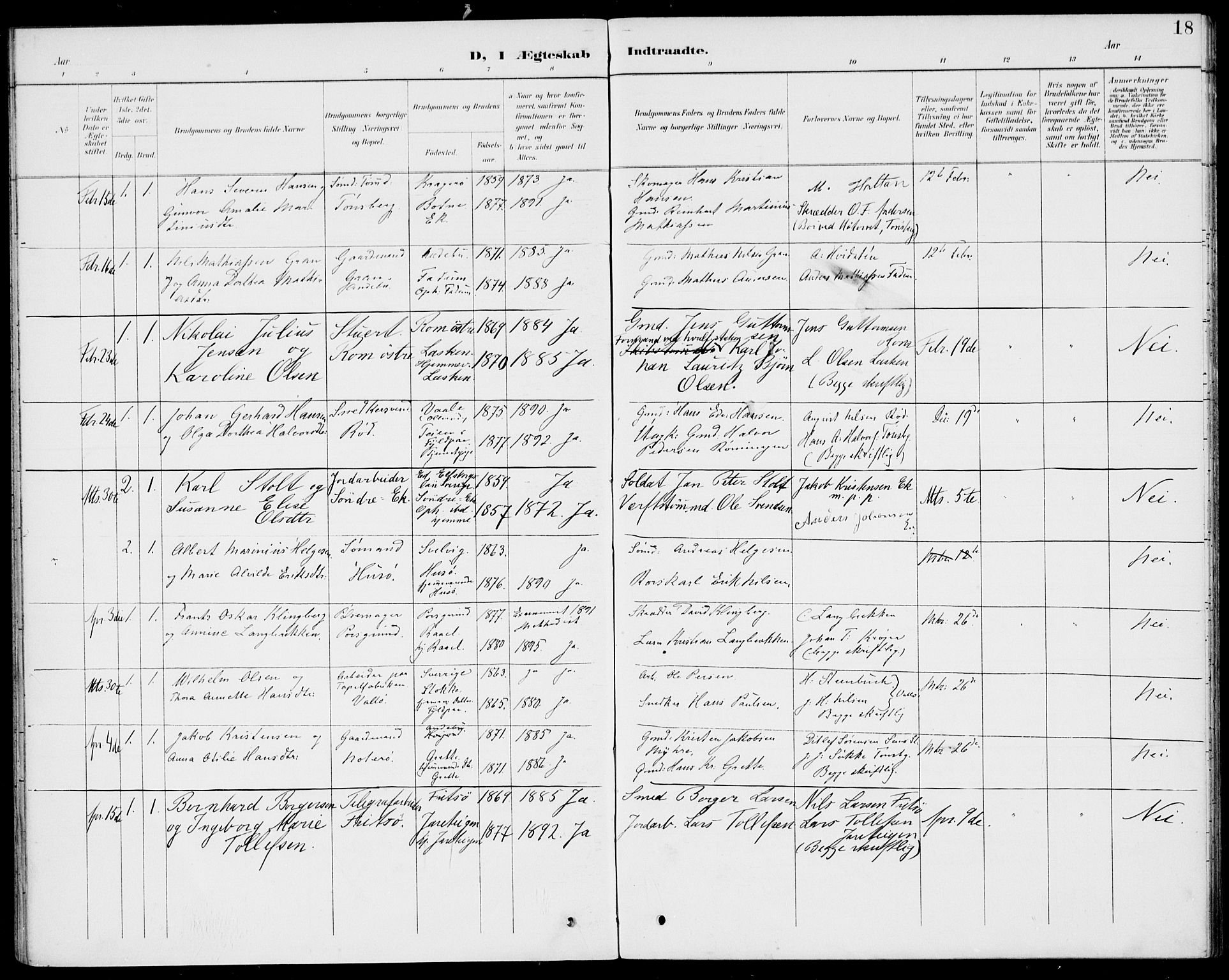 Sem kirkebøker, AV/SAKO-A-5/H/Ha/L0001: Banns register no. 1, 1894-1909, p. 18