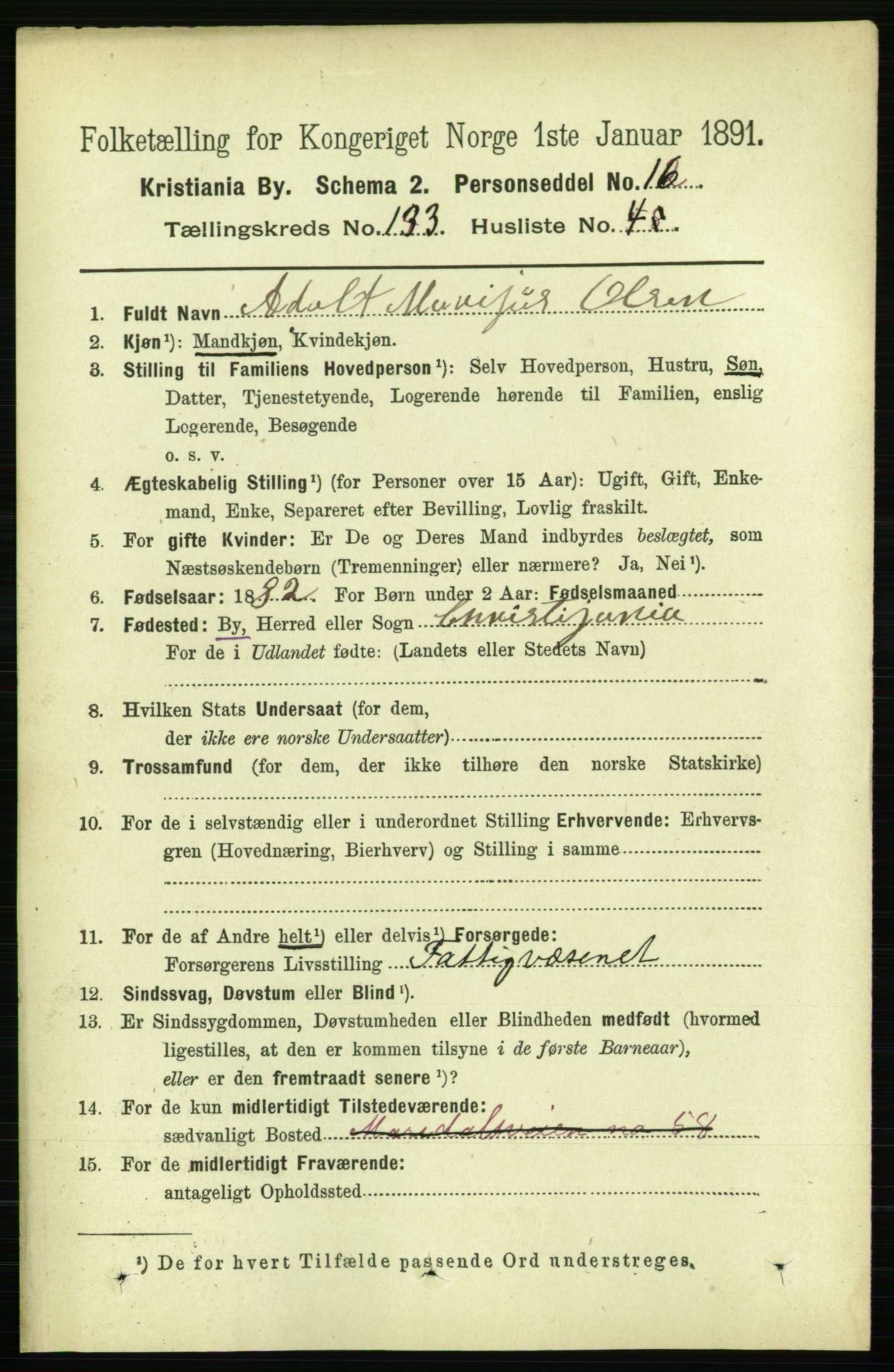 RA, 1891 census for 0301 Kristiania, 1891, p. 72610