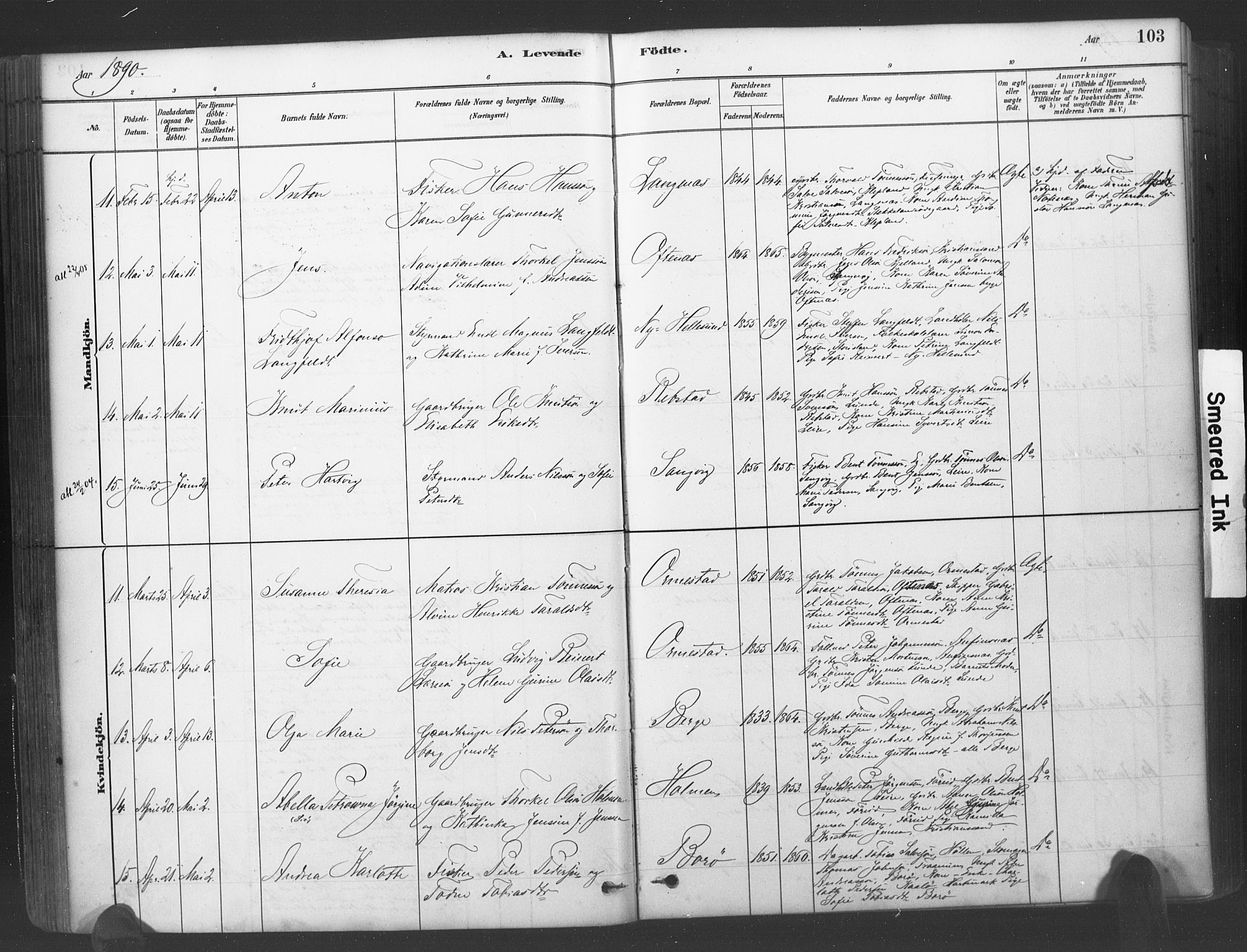 Søgne sokneprestkontor, AV/SAK-1111-0037/F/Fa/Fab/L0012: Parish register (official) no. A 12, 1880-1891, p. 103