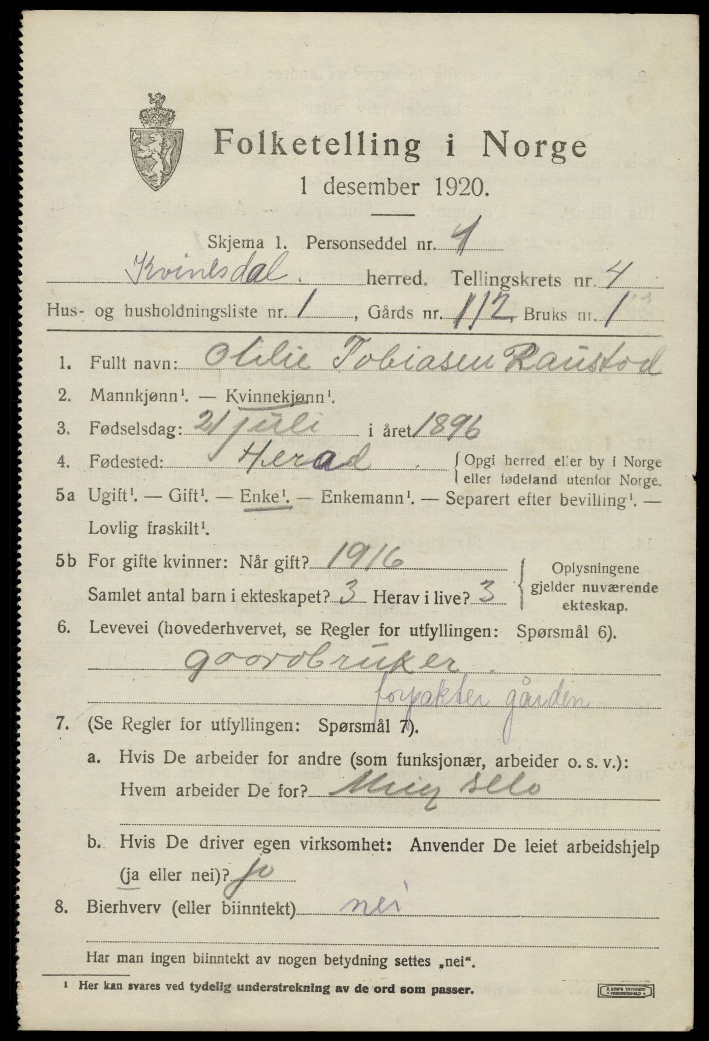 SAK, 1920 census for Kvinesdal, 1920, p. 4483