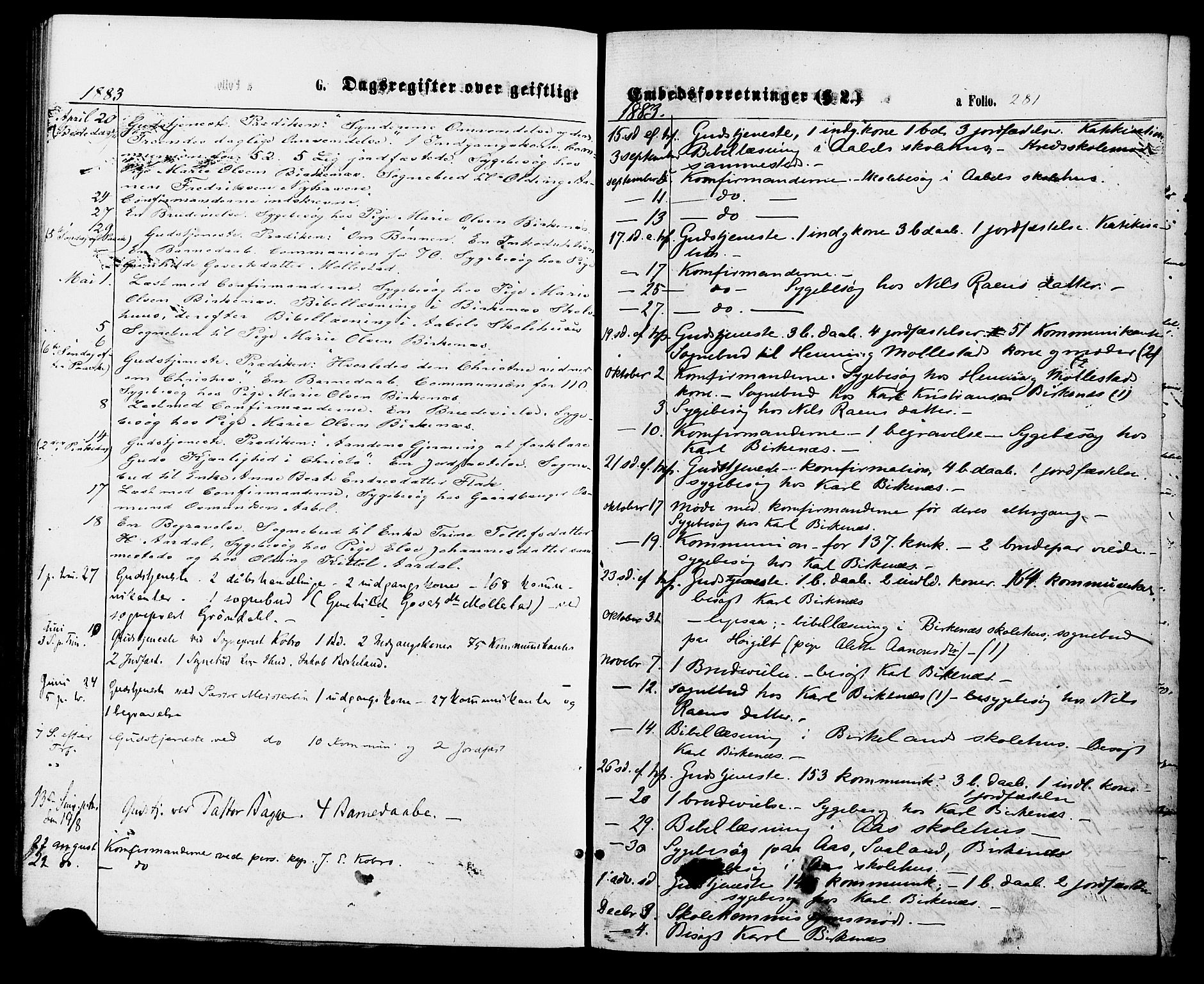 Birkenes sokneprestkontor, AV/SAK-1111-0004/F/Fa/L0004: Parish register (official) no. A 4, 1867-1886, p. 281