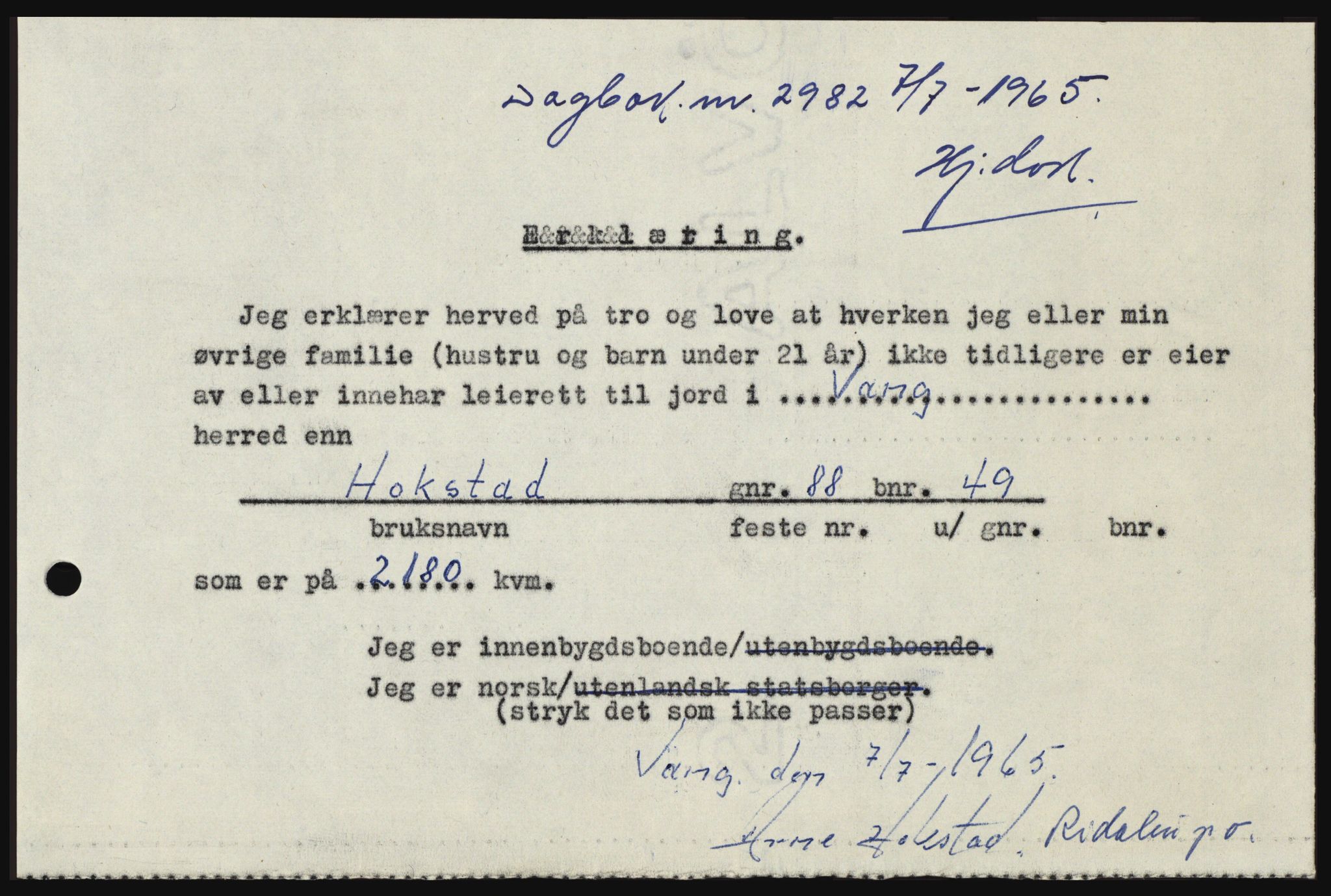 Nord-Hedmark sorenskriveri, SAH/TING-012/H/Hc/L0022: Mortgage book no. 22, 1965-1965, Diary no: : 2982/1965