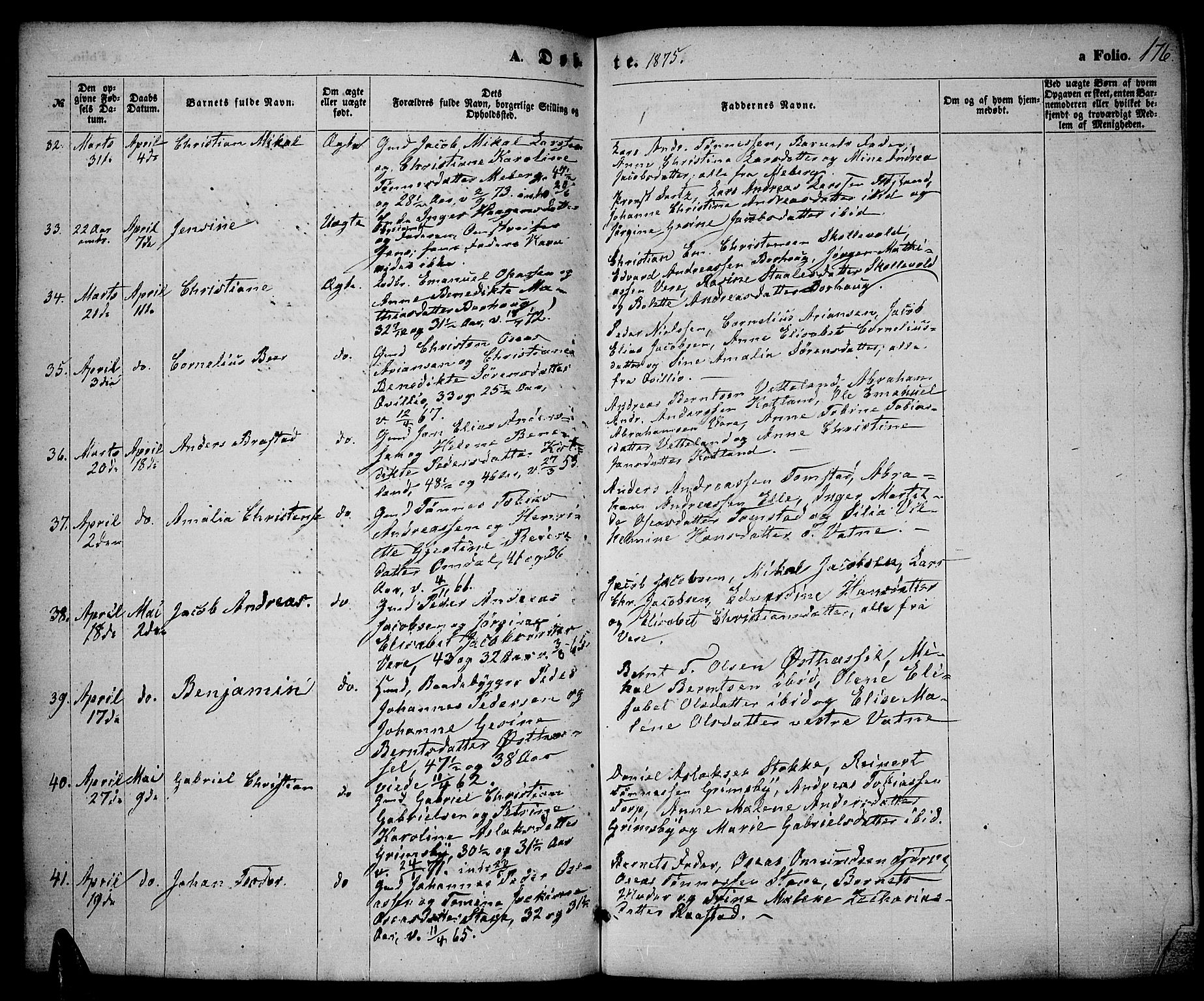 Lista sokneprestkontor, AV/SAK-1111-0027/F/Fb/L0003: Parish register (copy) no. B 3, 1862-1877, p. 176