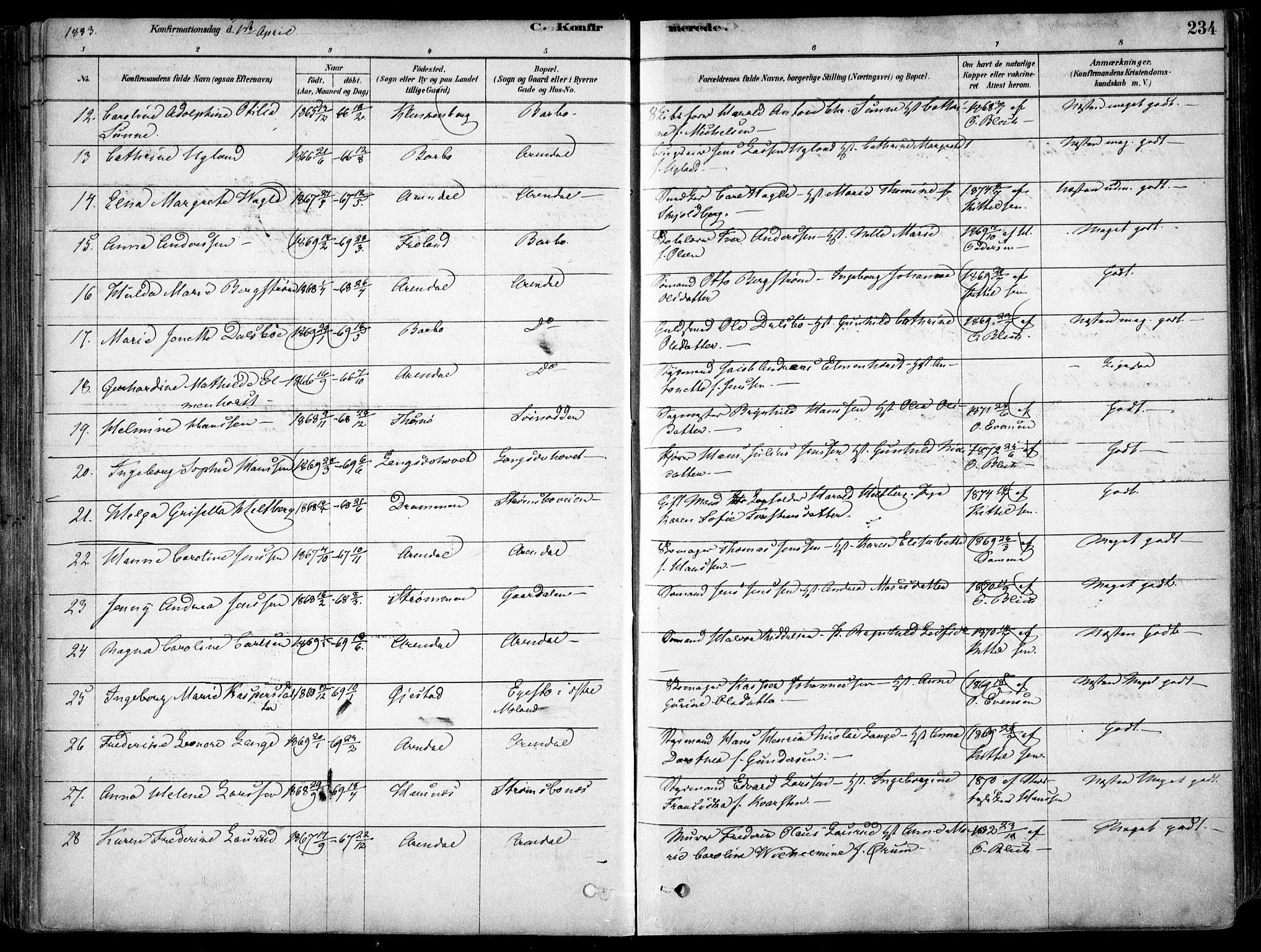 Arendal sokneprestkontor, Trefoldighet, AV/SAK-1111-0040/F/Fa/L0008: Parish register (official) no. A 8, 1878-1899, p. 234