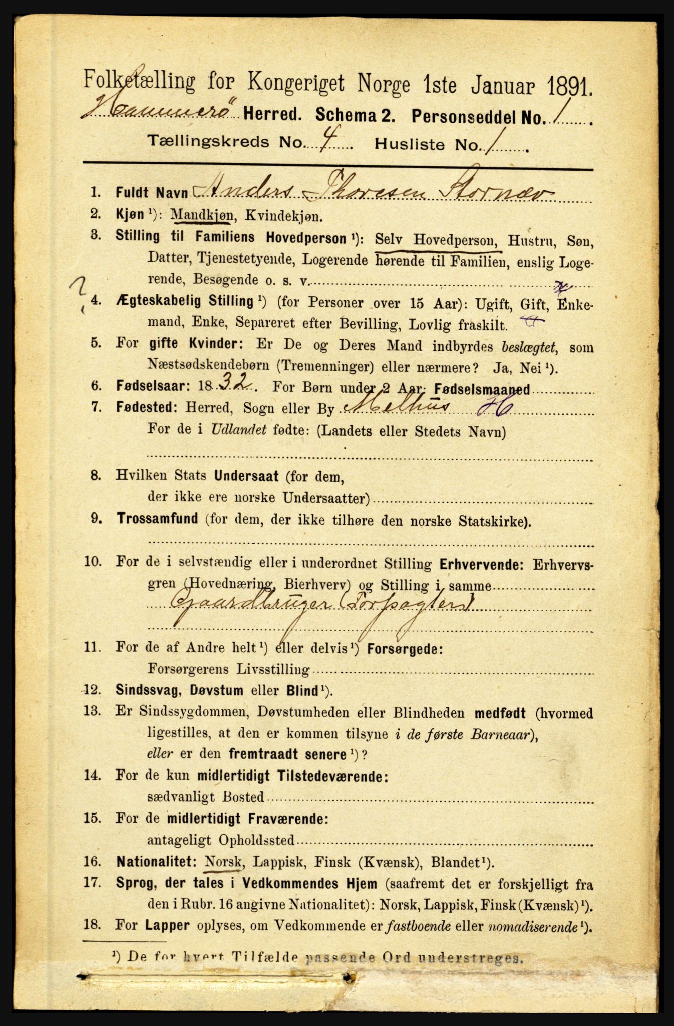 RA, 1891 census for 1849 Hamarøy, 1891, p. 1954