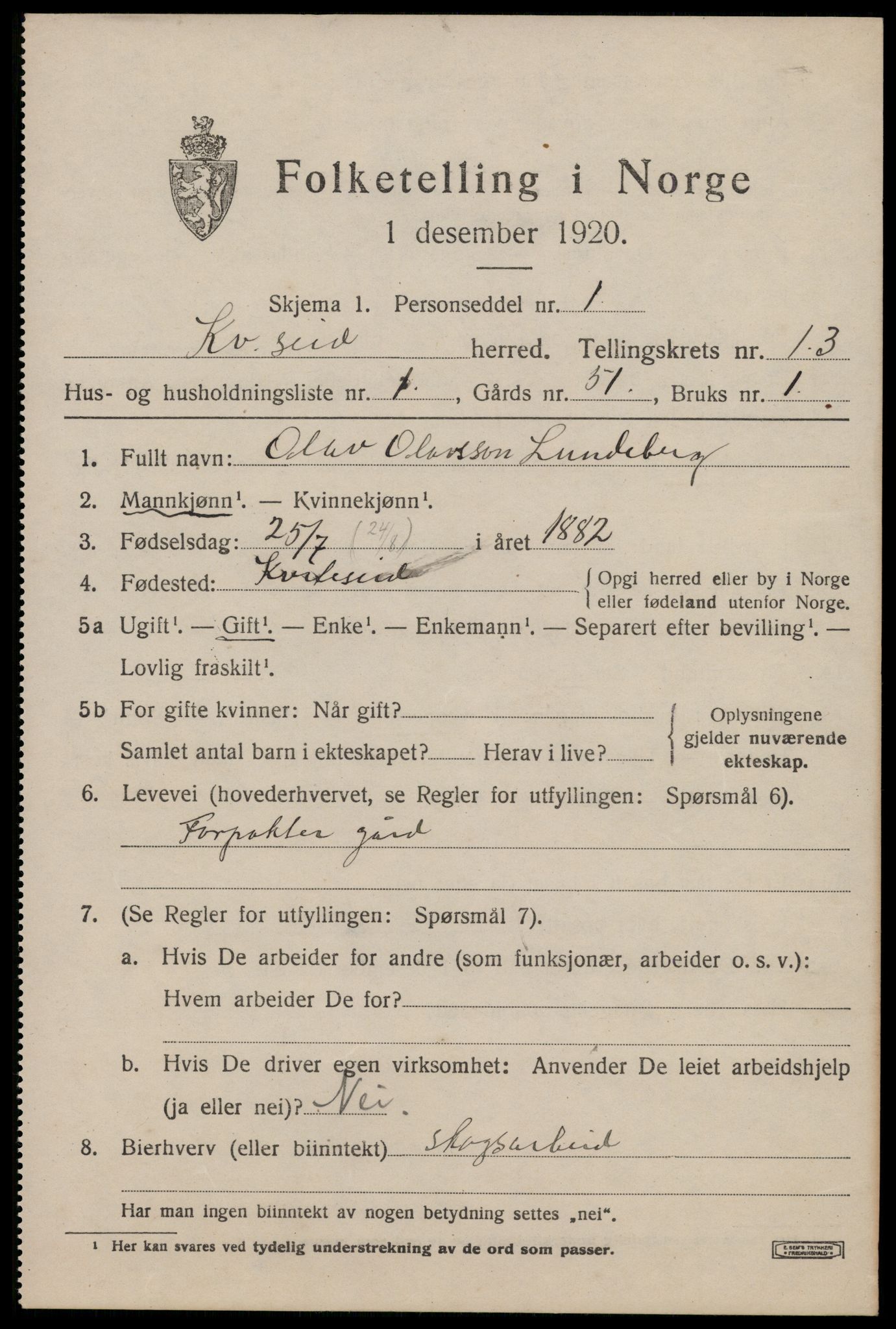 SAKO, 1920 census for Kviteseid, 1920, p. 6203