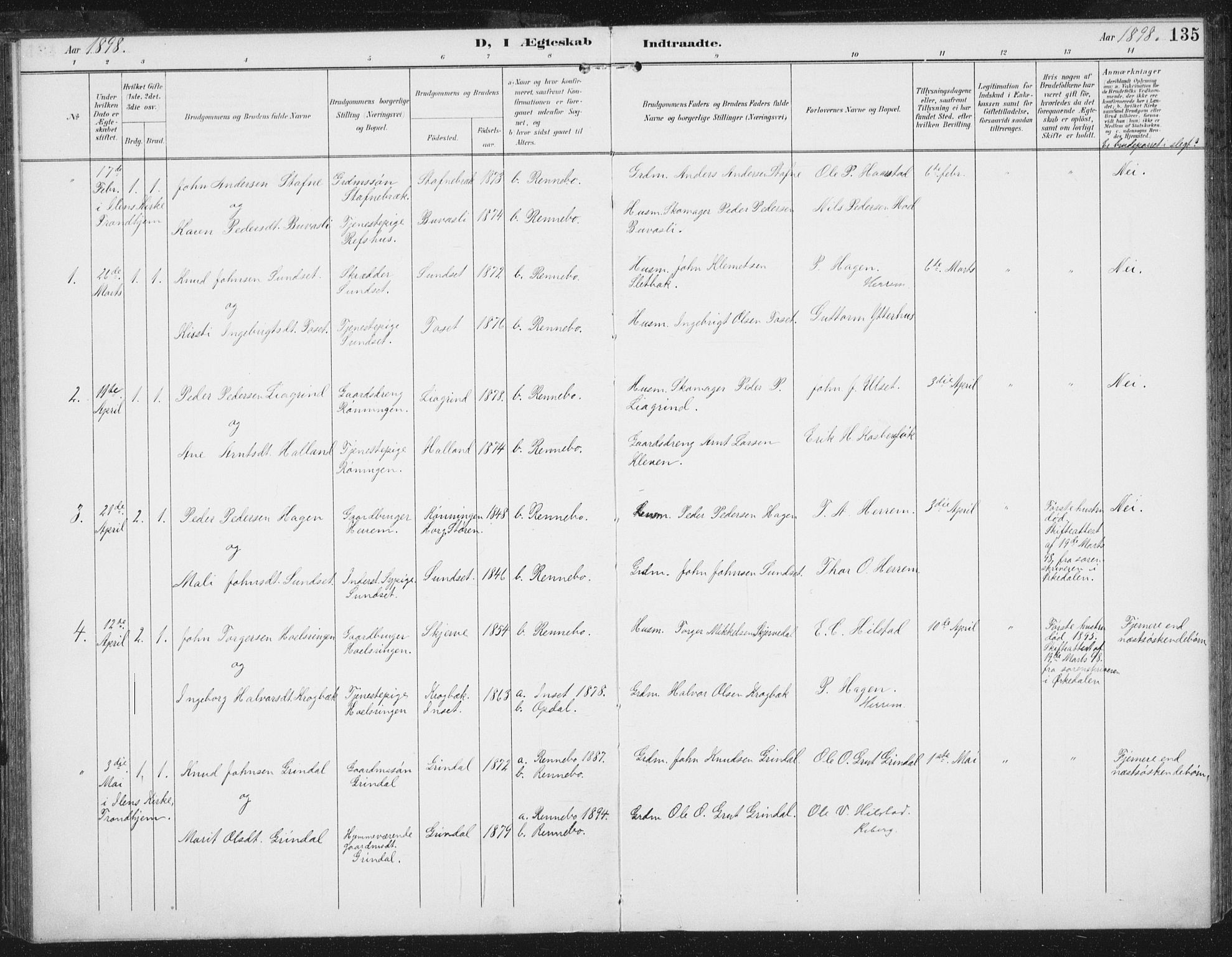 Ministerialprotokoller, klokkerbøker og fødselsregistre - Sør-Trøndelag, SAT/A-1456/674/L0872: Parish register (official) no. 674A04, 1897-1907, p. 135