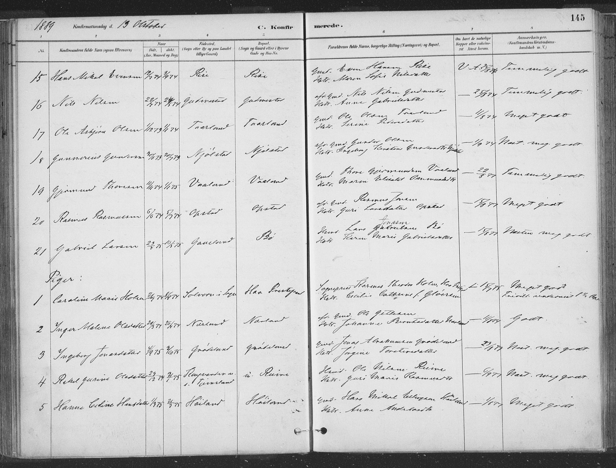 Hå sokneprestkontor, SAST/A-101801/001/30BA/L0010: Parish register (official) no. A 9, 1879-1896, p. 145