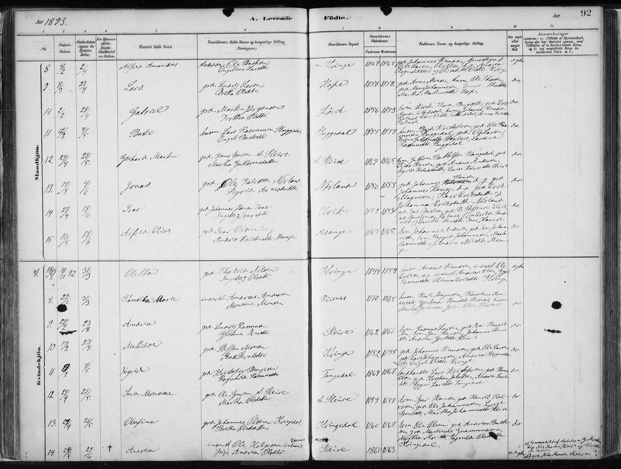 Masfjorden Sokneprestembete, SAB/A-77001: Parish register (official) no. B  1, 1876-1899, p. 92