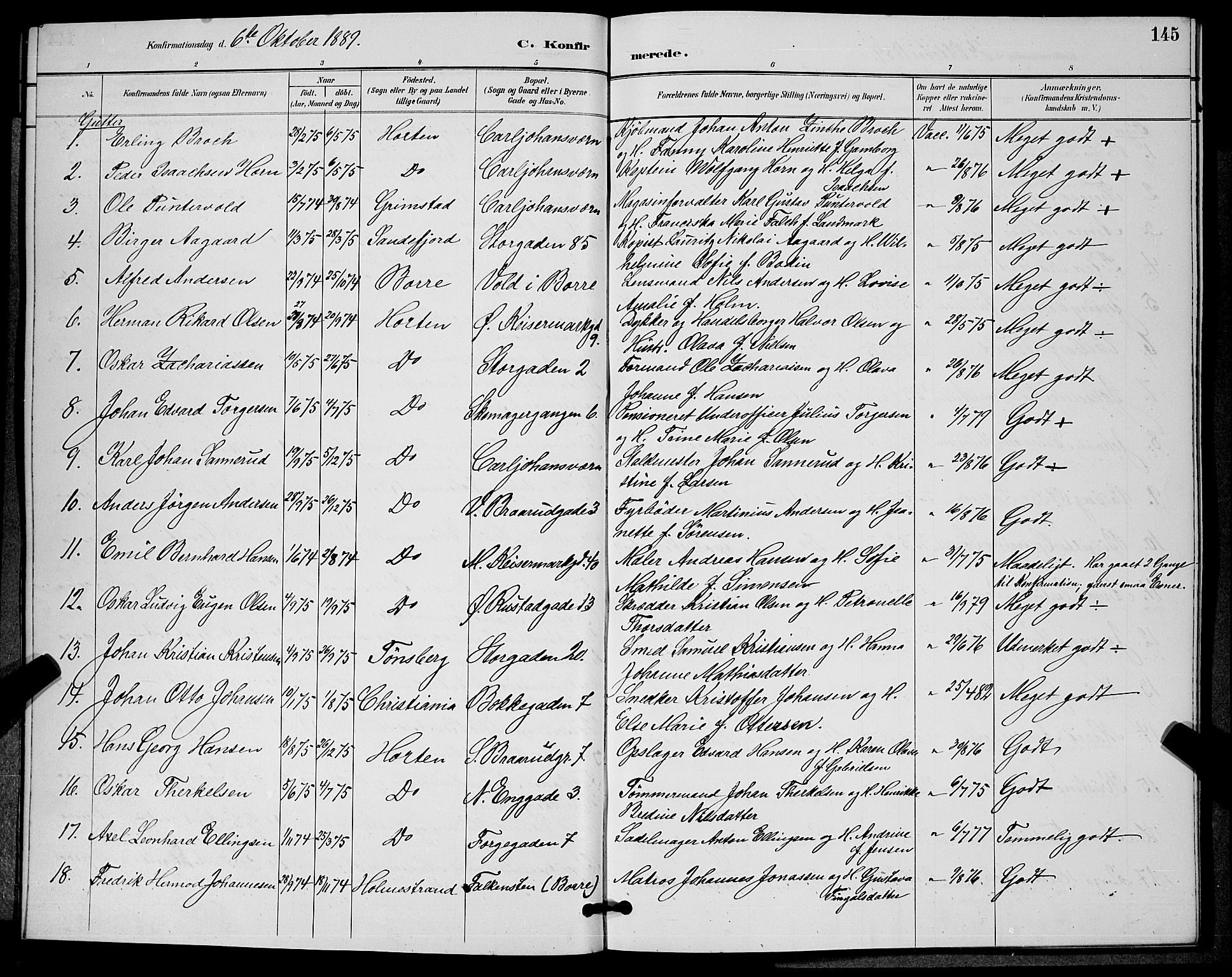 Horten kirkebøker, AV/SAKO-A-348/G/Ga/L0005: Parish register (copy) no. 5, 1888-1895, p. 145