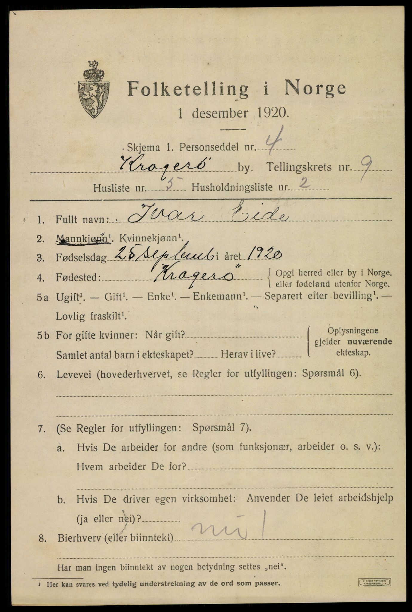 SAKO, 1920 census for Kragerø, 1920, p. 12007