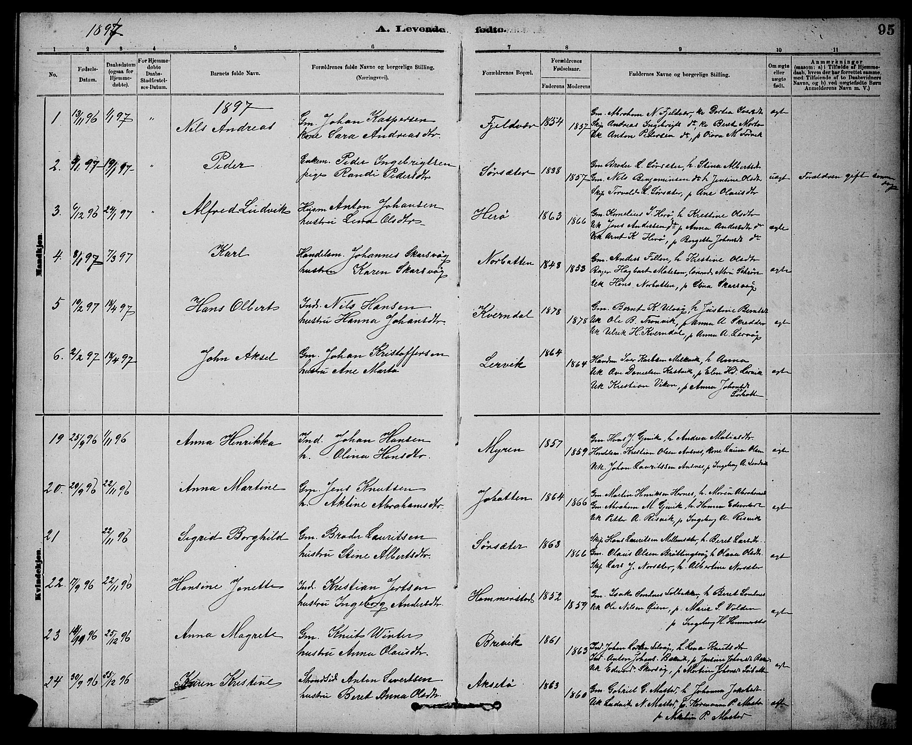 Ministerialprotokoller, klokkerbøker og fødselsregistre - Sør-Trøndelag, SAT/A-1456/637/L0562: Parish register (copy) no. 637C03, 1883-1898, p. 95
