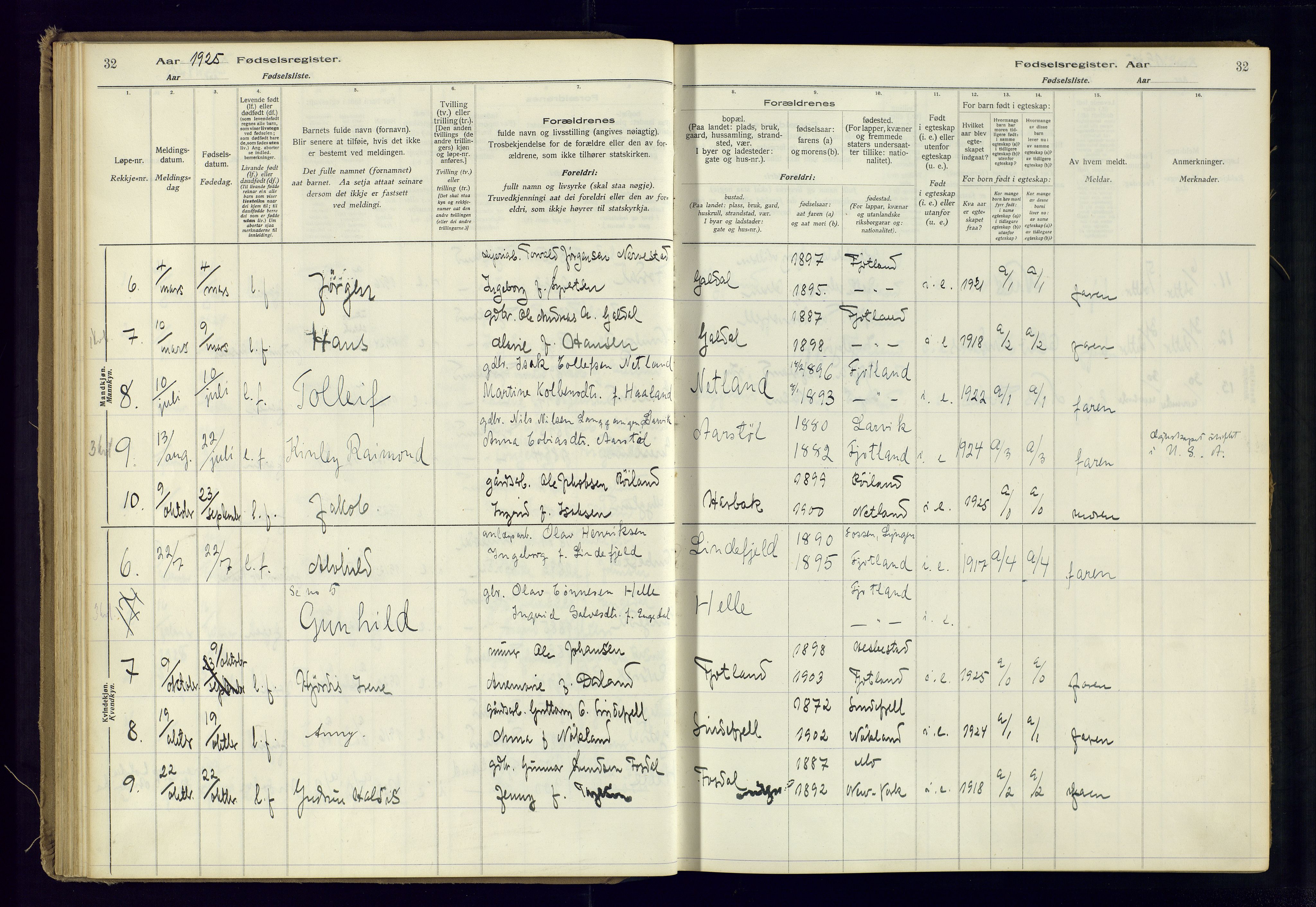 Fjotland sokneprestkontor, AV/SAK-1111-0010/J/Ja/L0001: Birth register no. 1, 1916-1981, p. 32