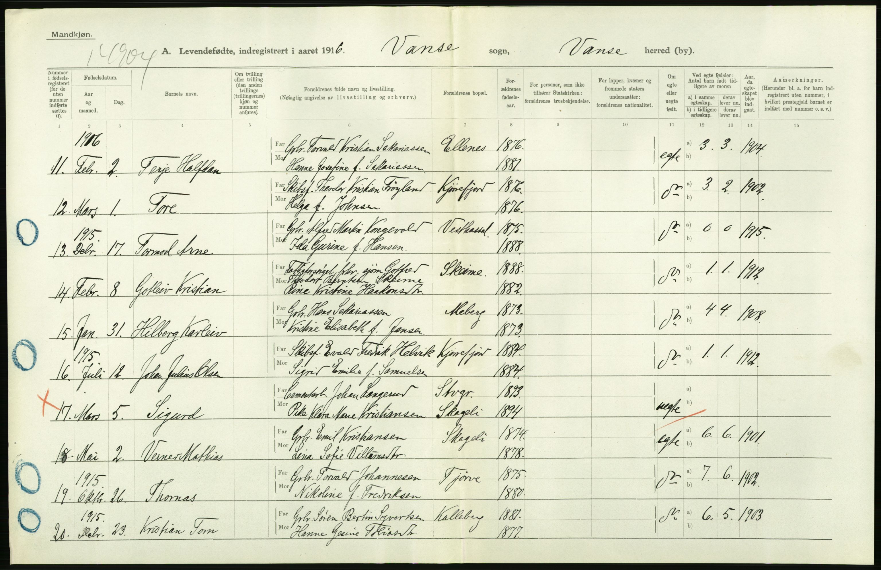 Statistisk sentralbyrå, Sosiodemografiske emner, Befolkning, AV/RA-S-2228/D/Df/Dfb/Dfbf/L0027: Lister og Mandals amt: Levendefødte menn og kvinner. Bygder og byer., 1916, p. 124