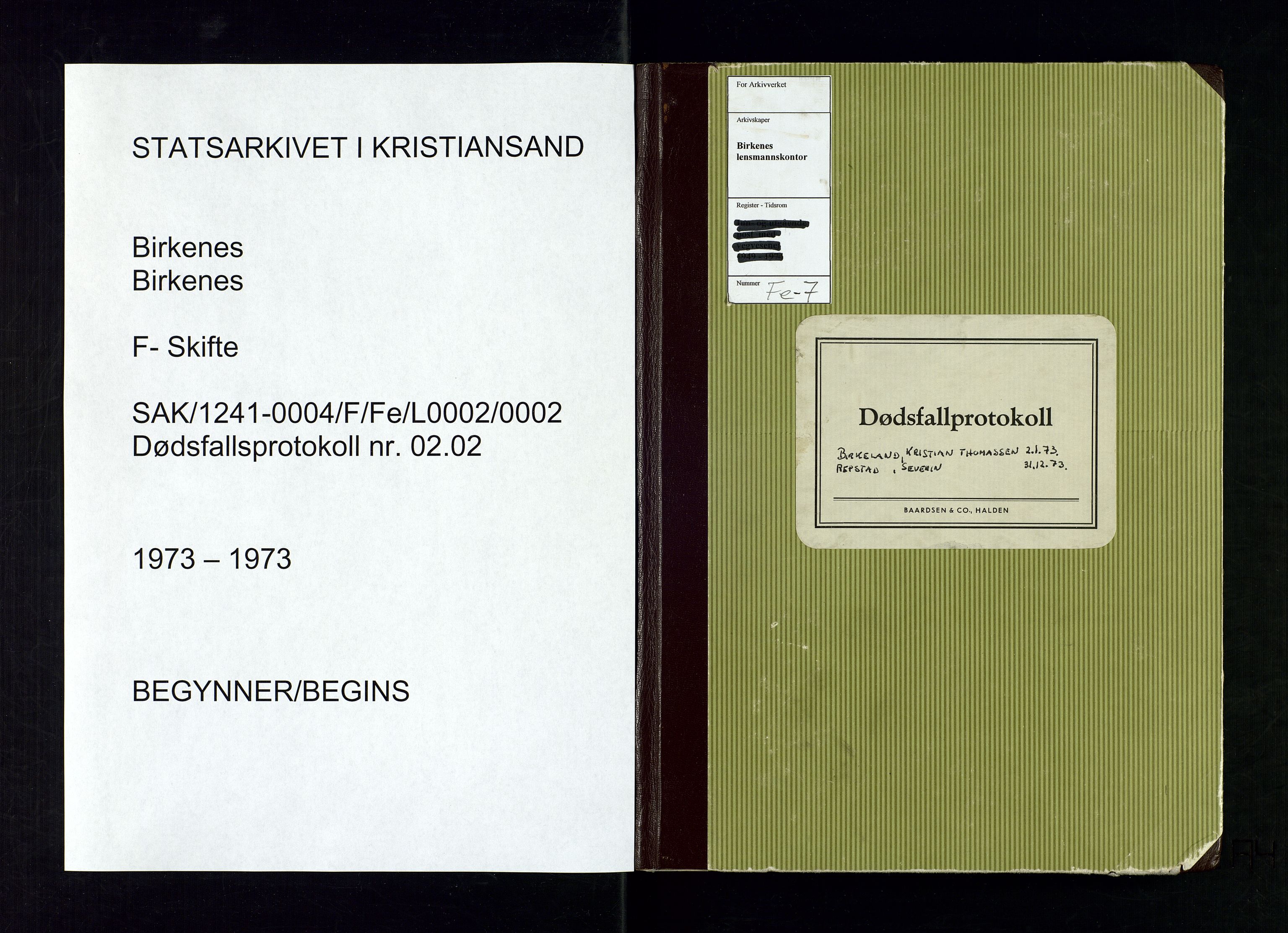 Birkenes lensmannskontor, SAK/1241-0004/F/Fe/L0002/0002: Dødsfall / Dødsfallsprotokoll, 1973