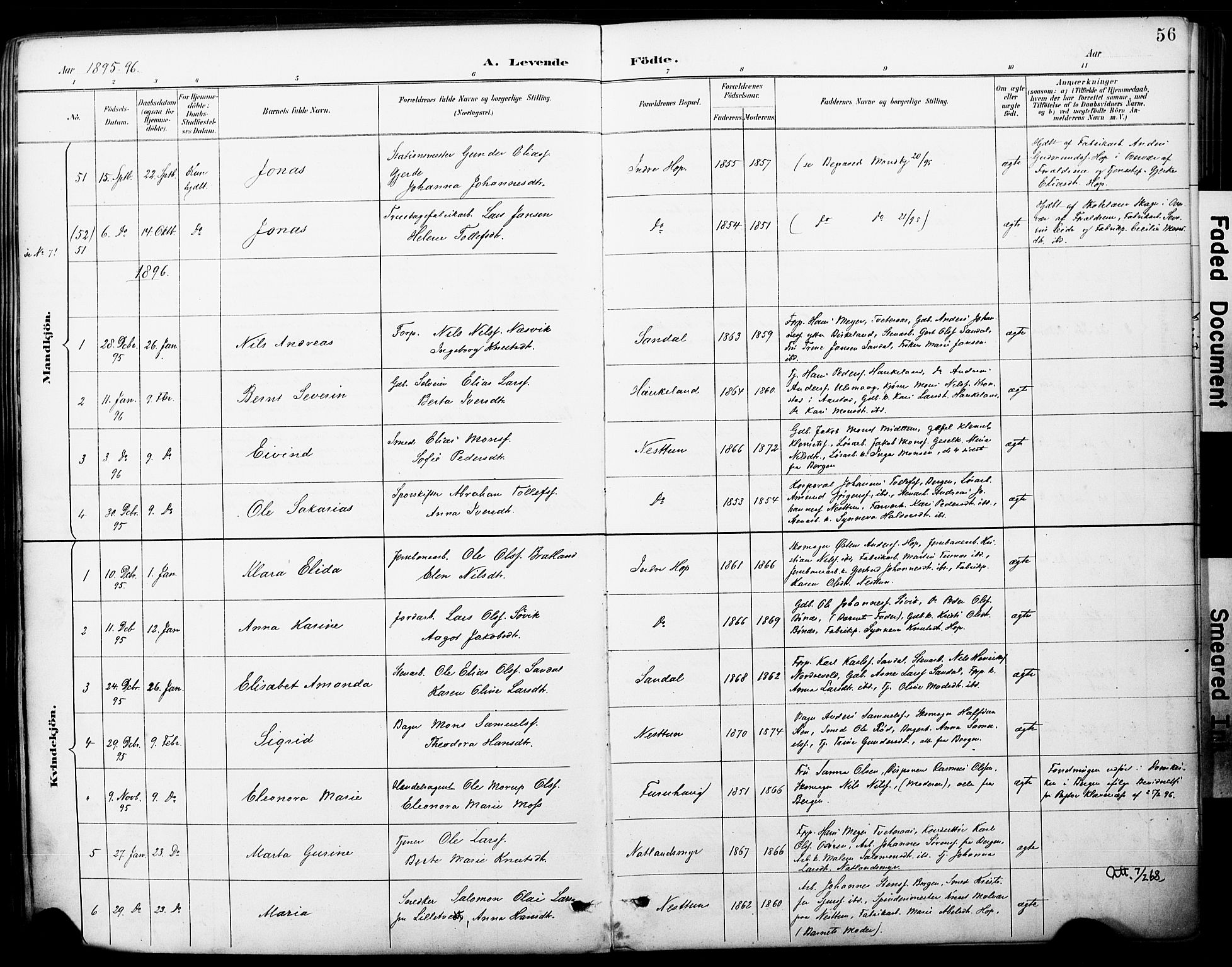 Fana Sokneprestembete, SAB/A-75101/H/Haa/Haai/L0002: Parish register (official) no. I 2, 1888-1899, p. 56
