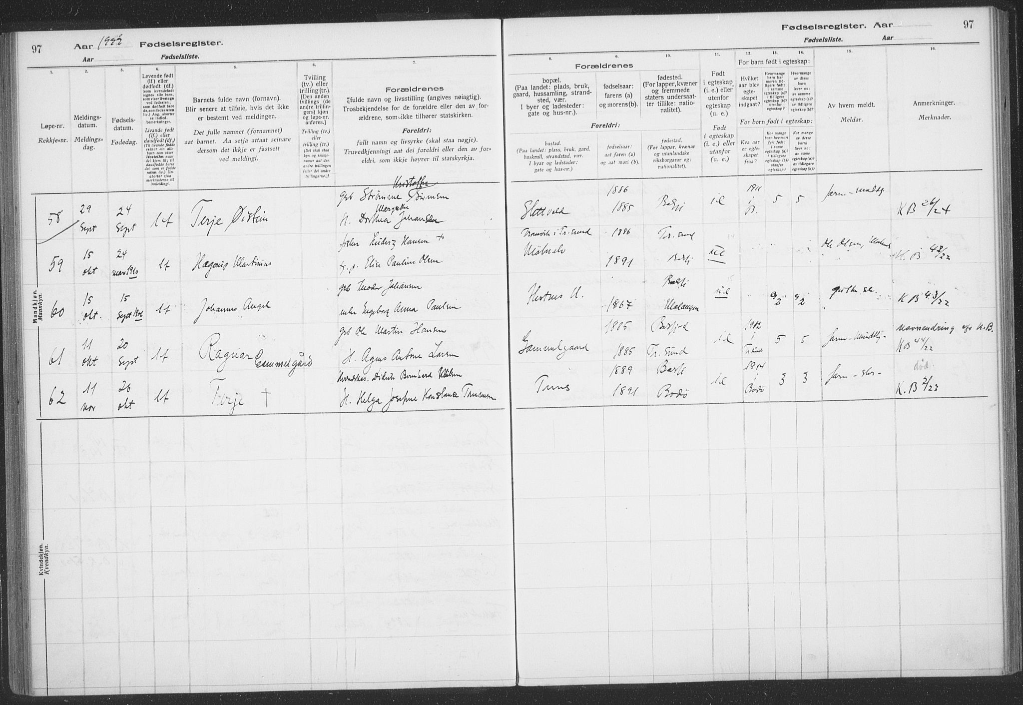 Balsfjord sokneprestembete, AV/SATØ-S-1303/H/Hb/L0059: Birth register no. 59, 1916-1930, p. 97