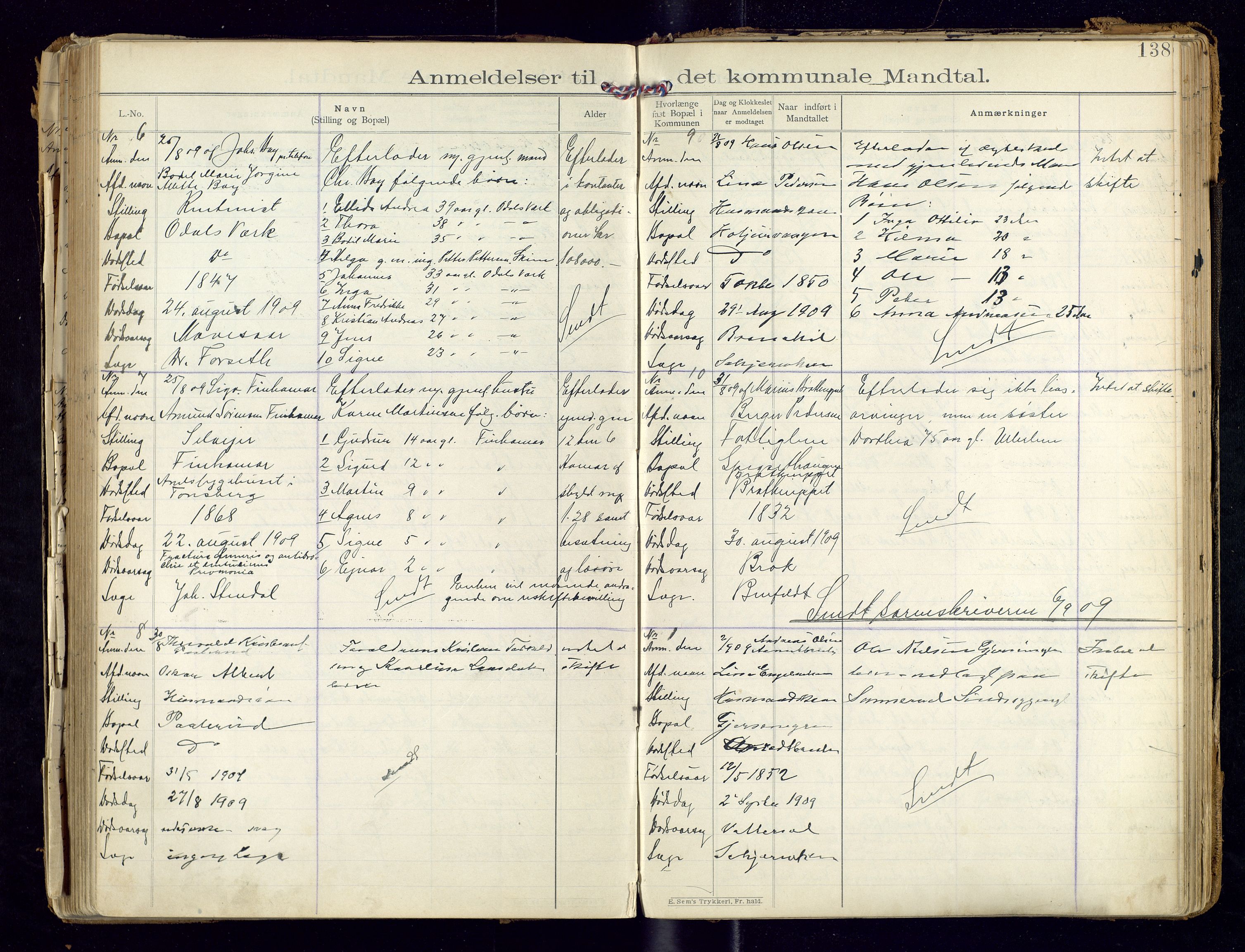 Sør-Odal lensmannskontor, SAH/LHS-022/H/Hb/L0001/0002: Protokoller over anmeldte dødsfall / Protokoll over anmeldte dødsfall, 1901-1913, p. 138