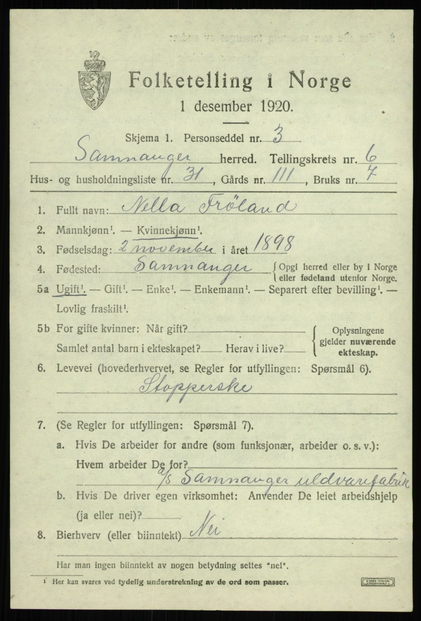 SAB, 1920 census for Samnanger, 1920, p. 2773