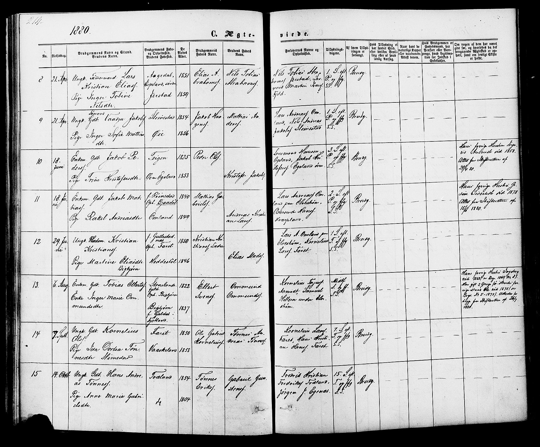 Kvinesdal sokneprestkontor, SAK/1111-0026/F/Fa/Fab/L0007: Parish register (official) no. A 7, 1870-1885, p. 214