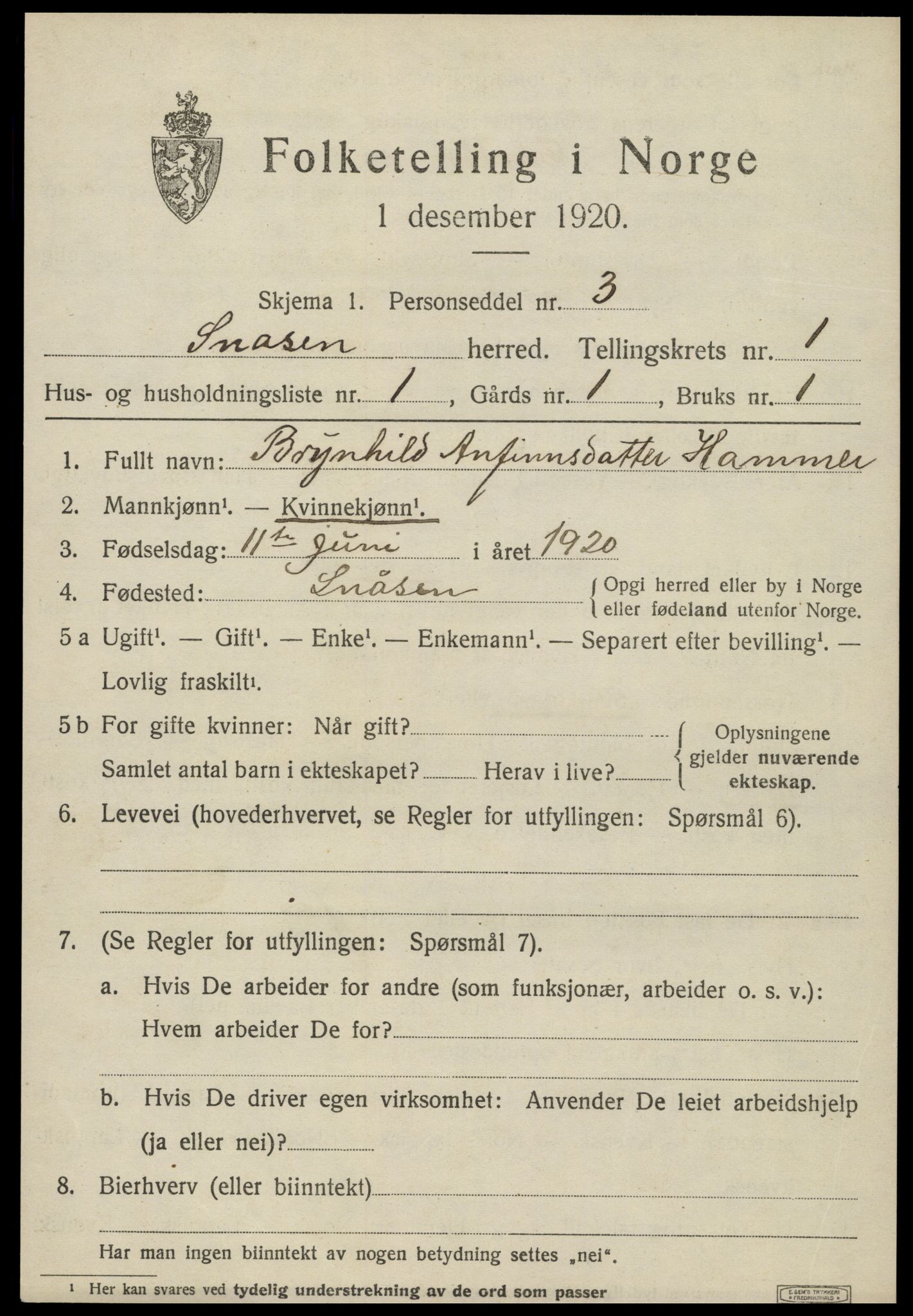 SAT, 1920 census for Snåsa, 1920, p. 1046