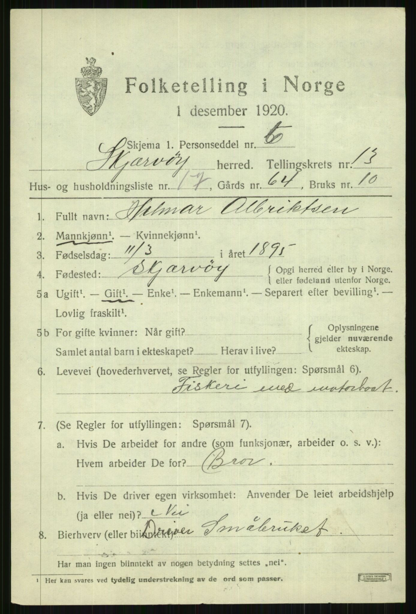 SATØ, 1920 census for Skjervøy, 1920, p. 6609