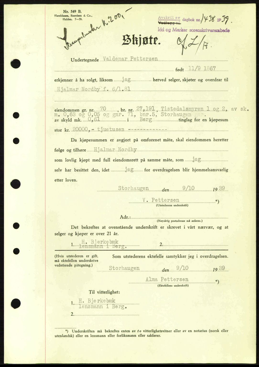 Idd og Marker sorenskriveri, AV/SAO-A-10283/G/Gb/Gbb/L0003: Mortgage book no. A3, 1938-1939, Diary no: : 1438/1939