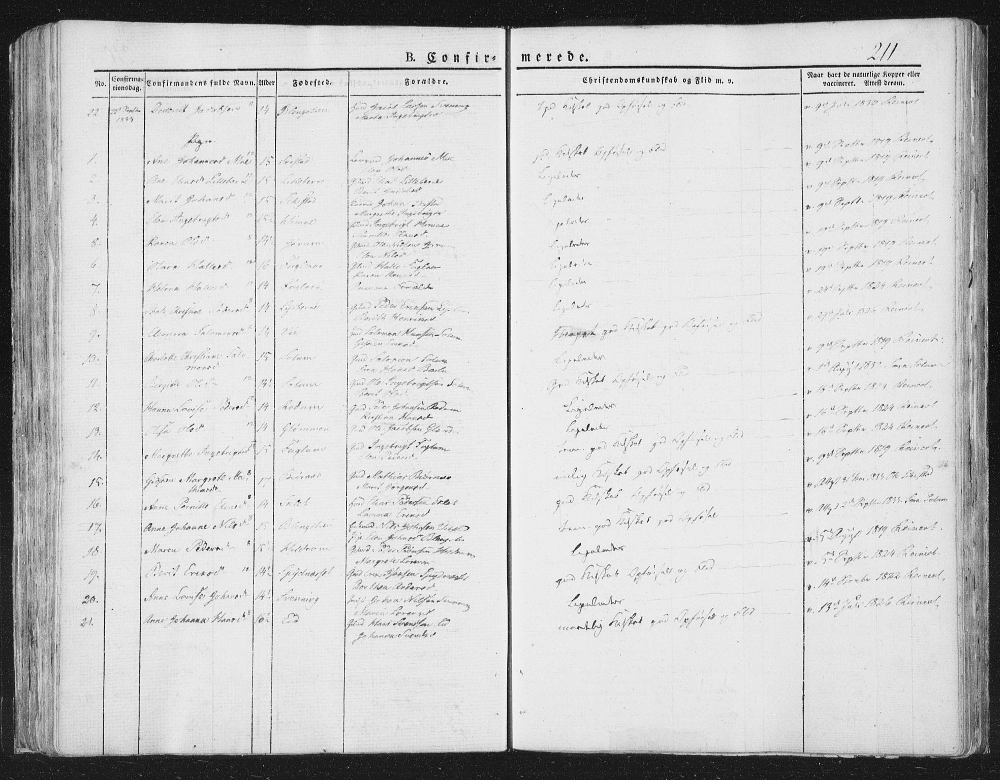 Ministerialprotokoller, klokkerbøker og fødselsregistre - Nord-Trøndelag, SAT/A-1458/764/L0551: Parish register (official) no. 764A07a, 1824-1864, p. 211