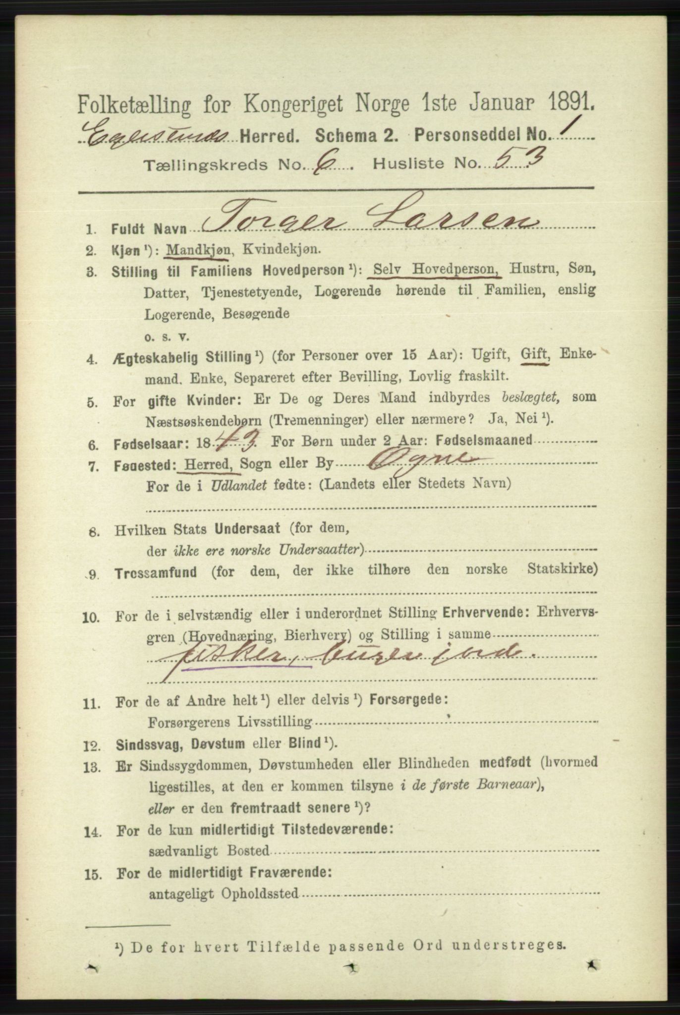 RA, 1891 census for 1116 Eigersund herred, 1891, p. 2593