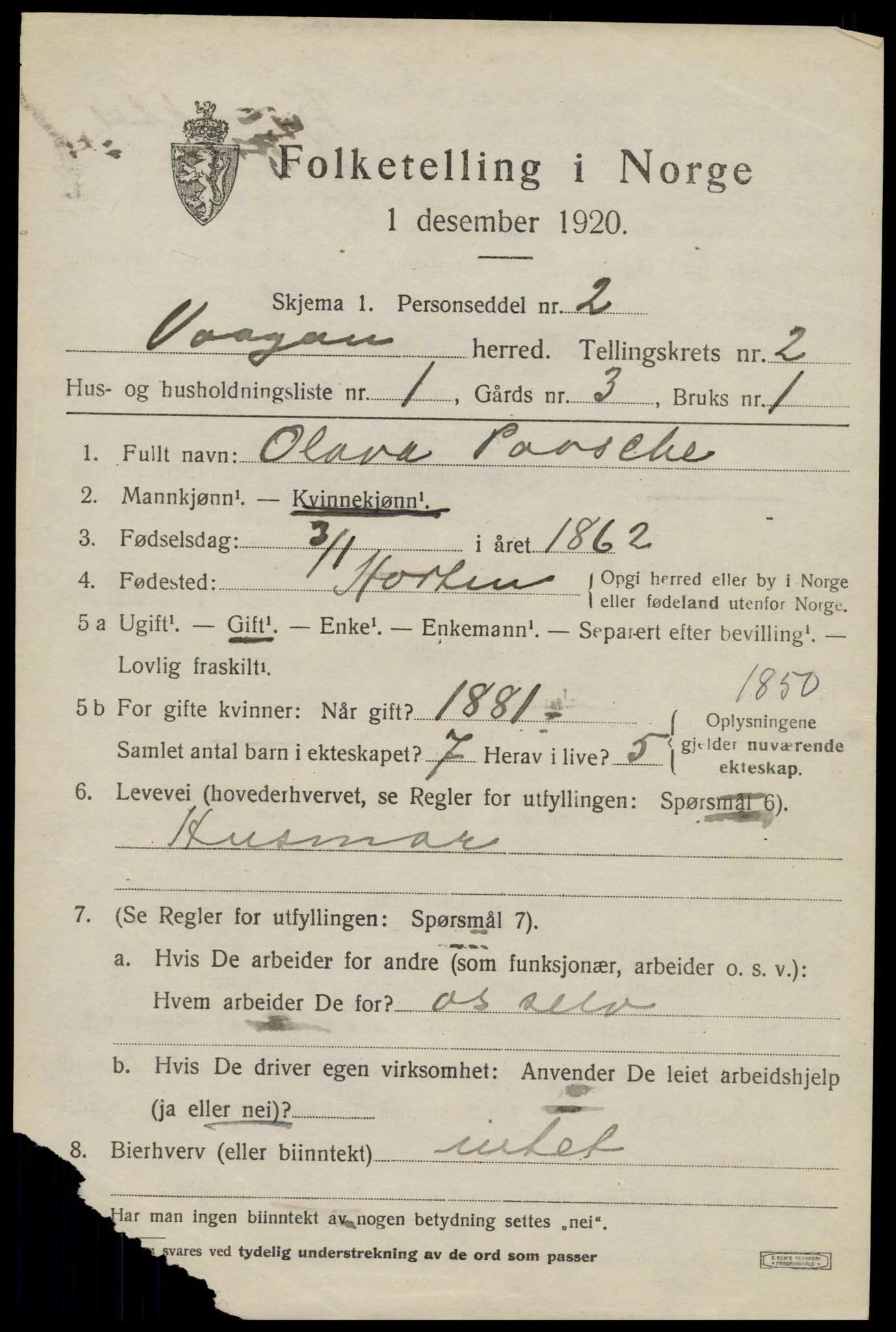 SAT, 1920 census for Vågan, 1920, p. 1835