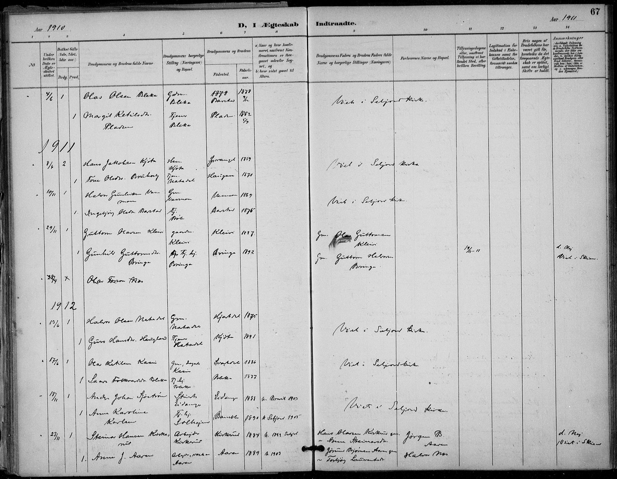 Seljord kirkebøker, SAKO/A-20/F/Fb/L0002: Parish register (official) no. II 2, 1887-1917, p. 67