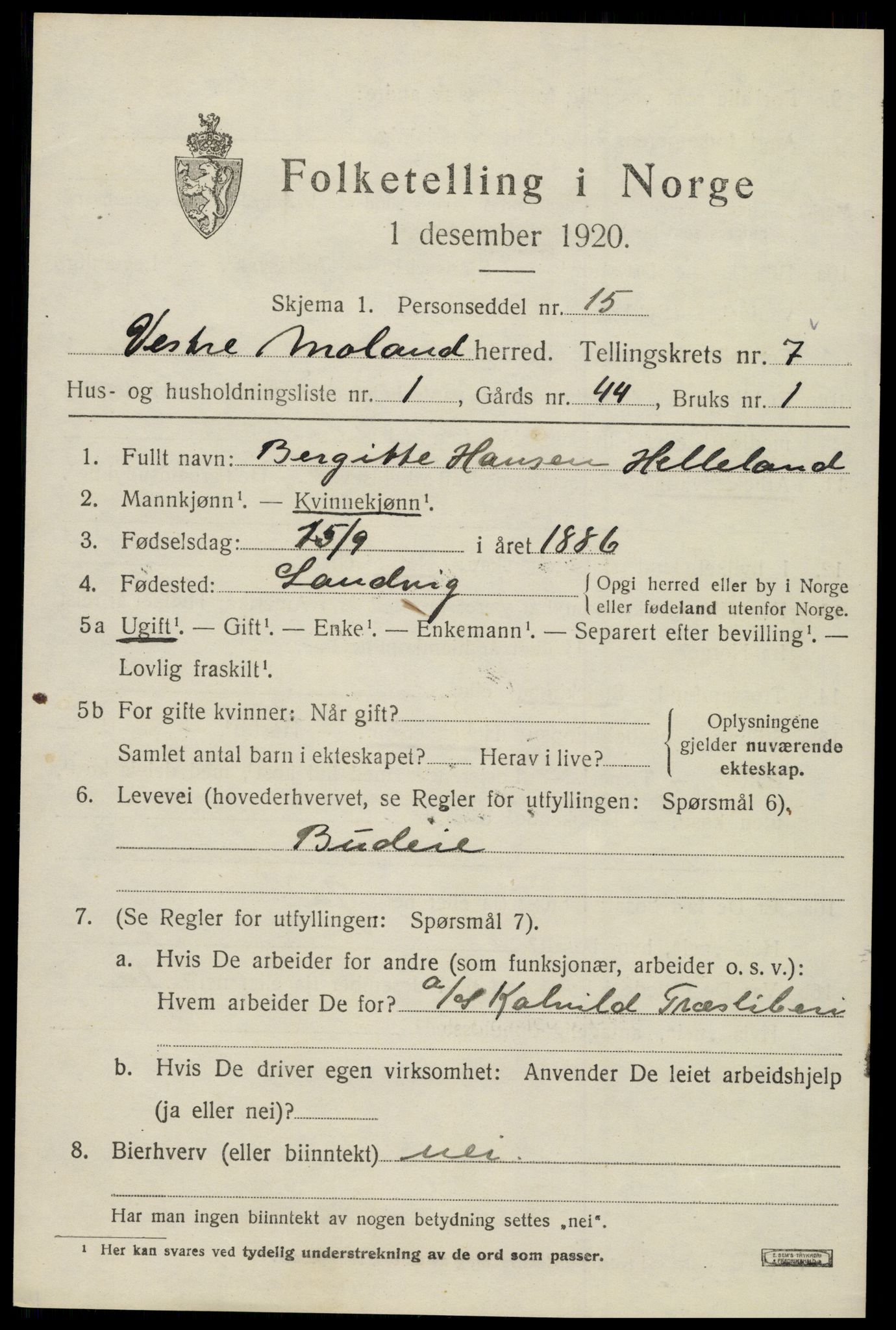 SAK, 1920 census for Vestre Moland, 1920, p. 4797