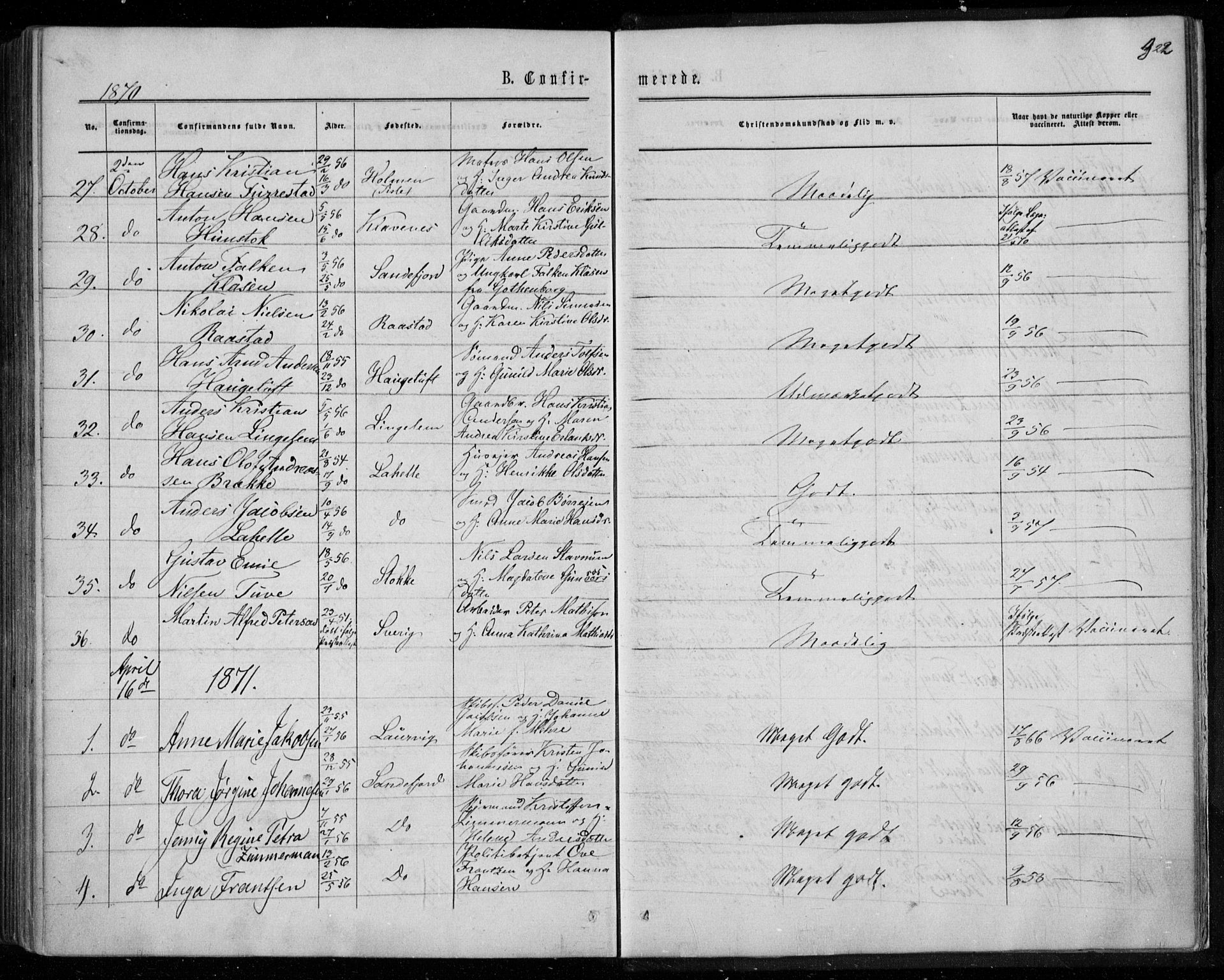 Sandar kirkebøker, SAKO/A-243/F/Fa/L0008: Parish register (official) no. 8, 1862-1871, p. 322