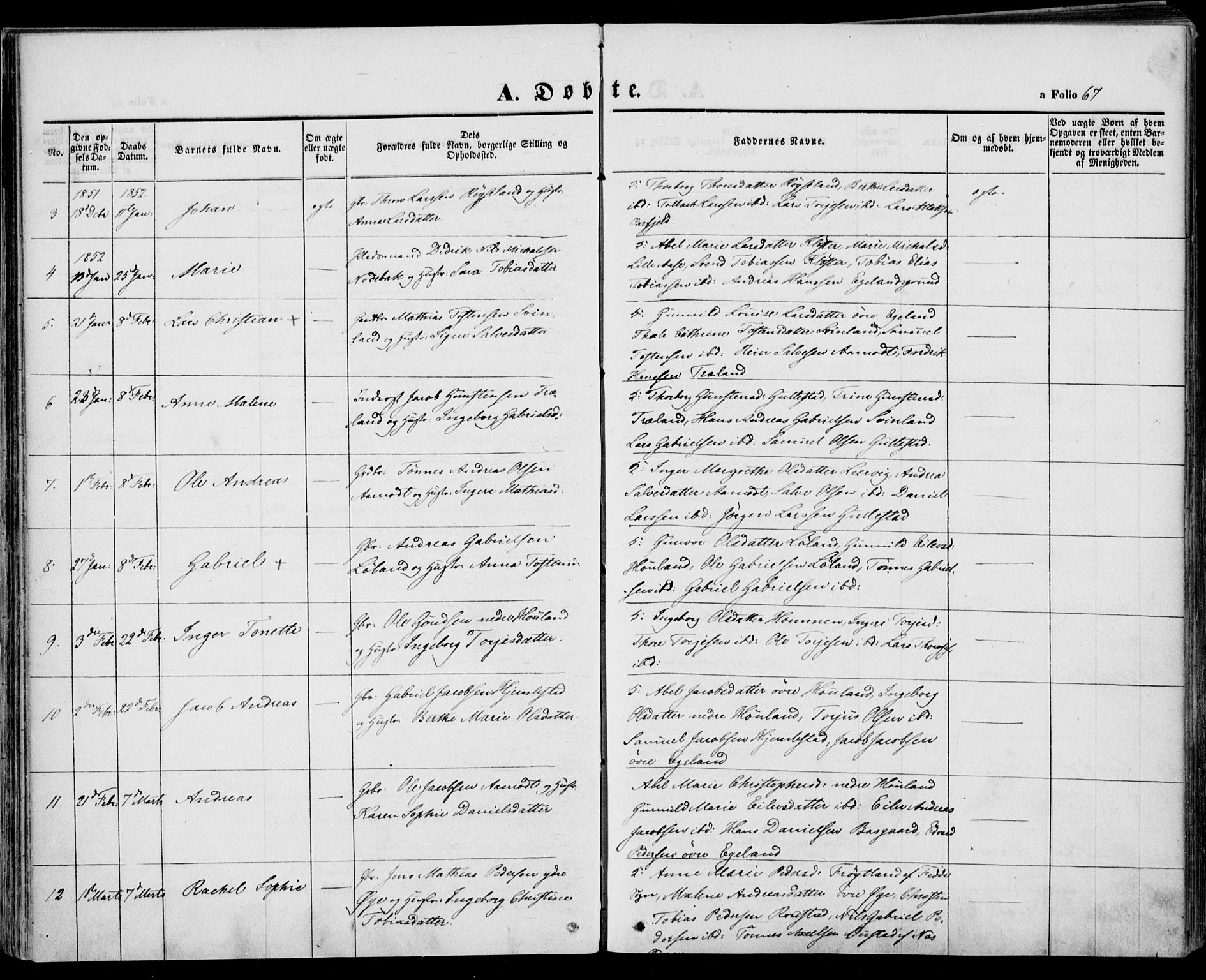 Kvinesdal sokneprestkontor, AV/SAK-1111-0026/F/Fa/Fab/L0005: Parish register (official) no. A 5, 1844-1857, p. 67