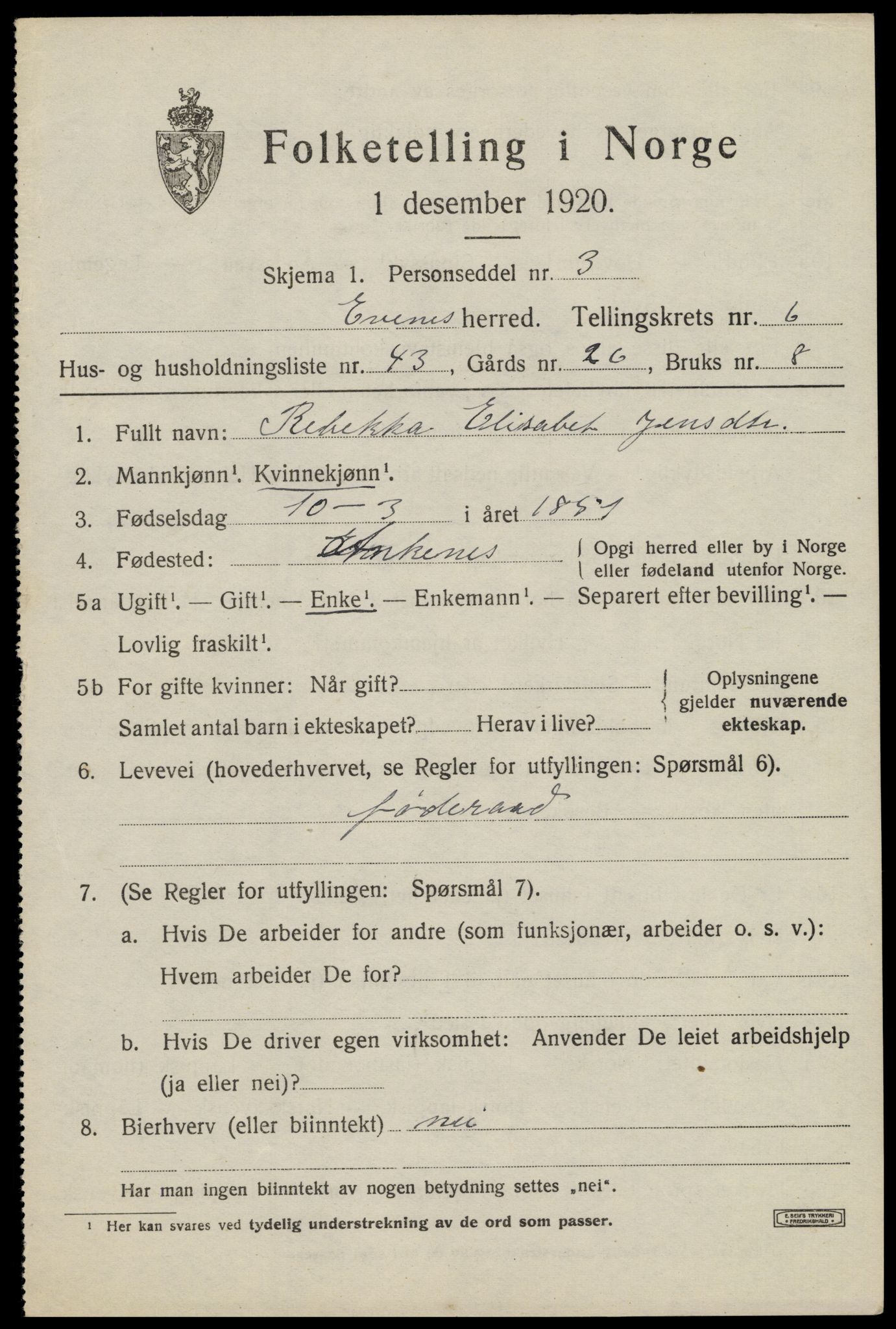 SAT, 1920 census for Evenes, 1920, p. 6016