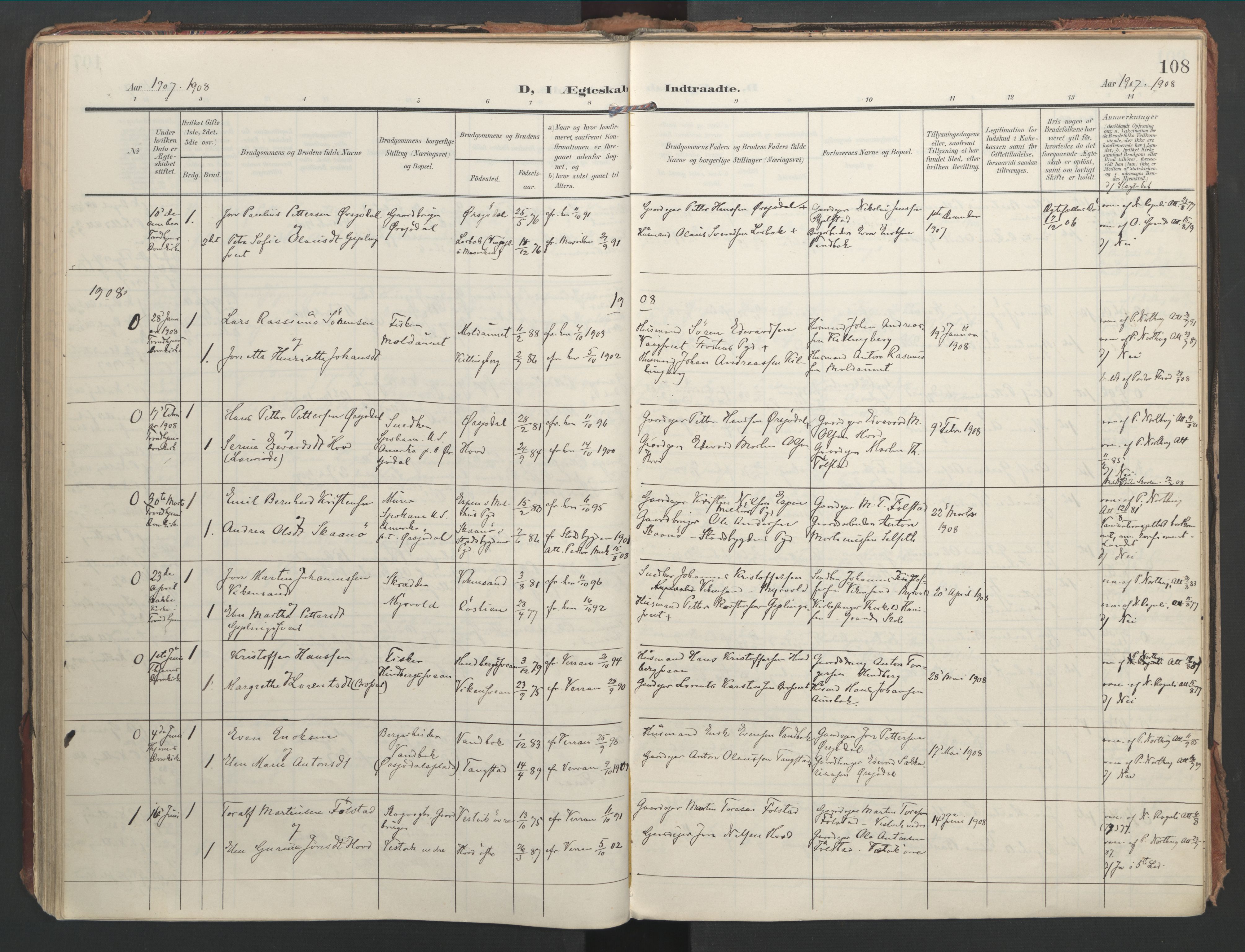 Ministerialprotokoller, klokkerbøker og fødselsregistre - Nord-Trøndelag, AV/SAT-A-1458/744/L0421: Parish register (official) no. 744A05, 1905-1930, p. 108