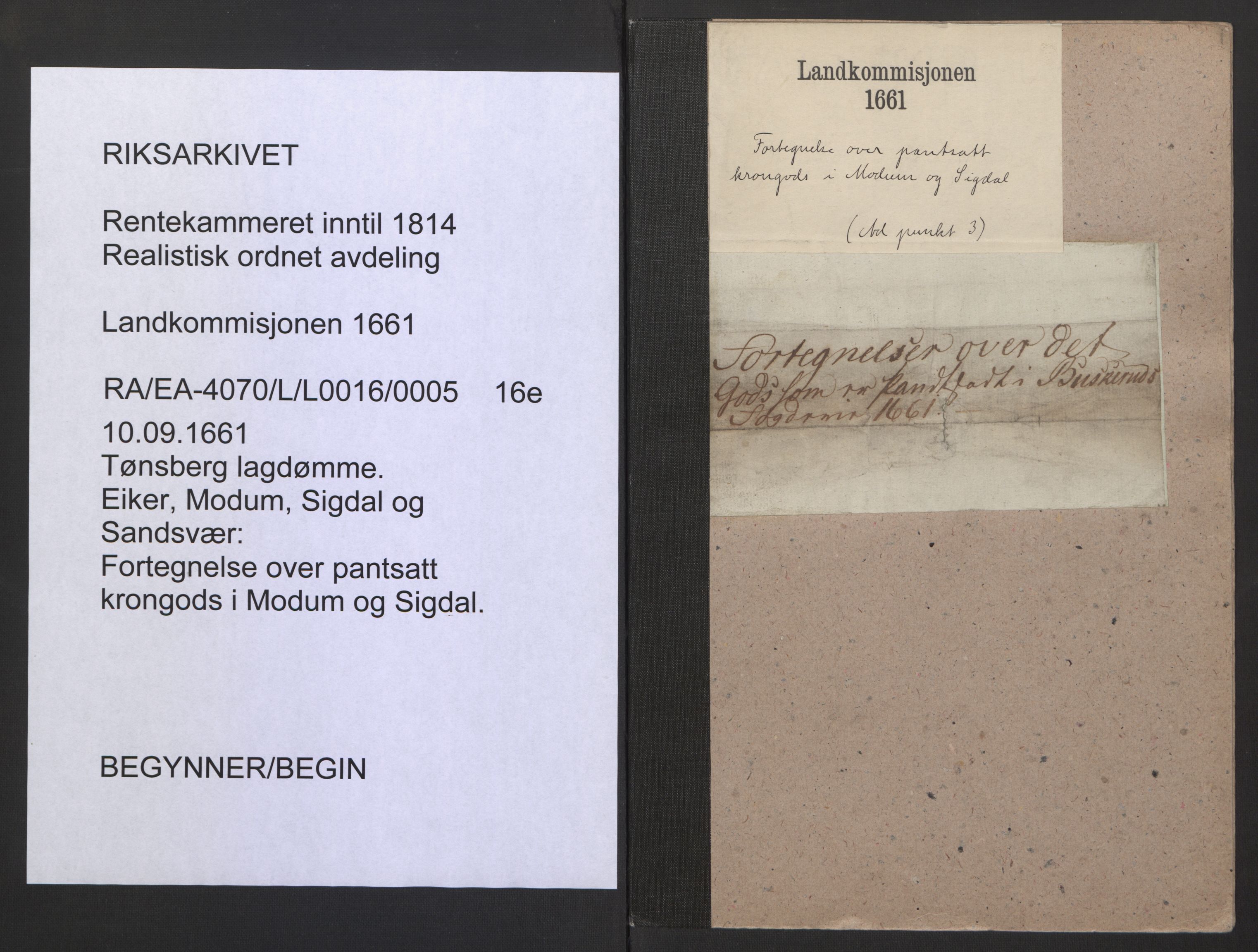 Rentekammeret inntil 1814, Realistisk ordnet avdeling, AV/RA-EA-4070/L/L0016/0005: Tønsberg lagdømme. Eiker, Modum, Sigdal og Sandsvær: / Fortegnelse over pantsatt krongods i Modum og Sigdal, 1661