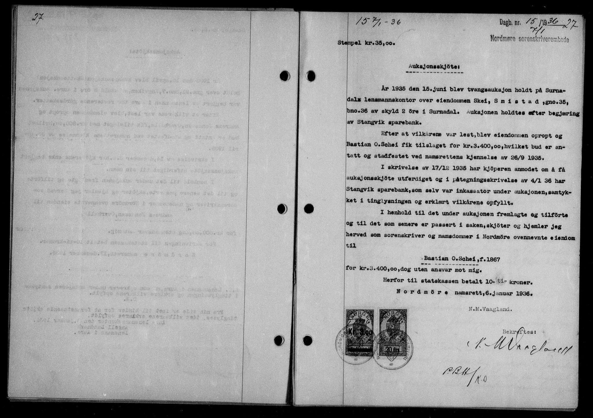 Nordmøre sorenskriveri, AV/SAT-A-4132/1/2/2Ca/L0087: Mortgage book no. 77, 1935-1936, Deed date: 07.01.1936