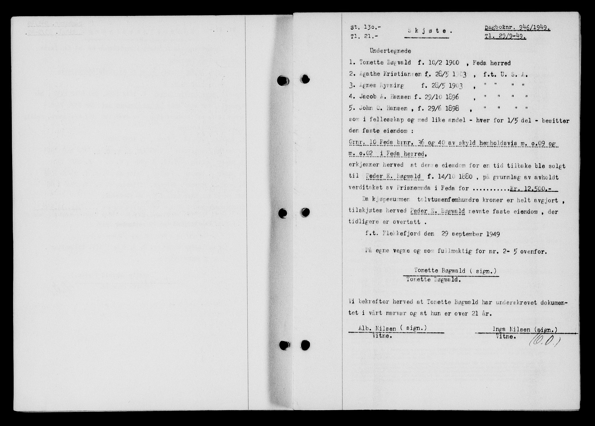 Flekkefjord sorenskriveri, SAK/1221-0001/G/Gb/Gba/L0065: Mortgage book no. A-13, 1949-1949, Diary no: : 946/1949