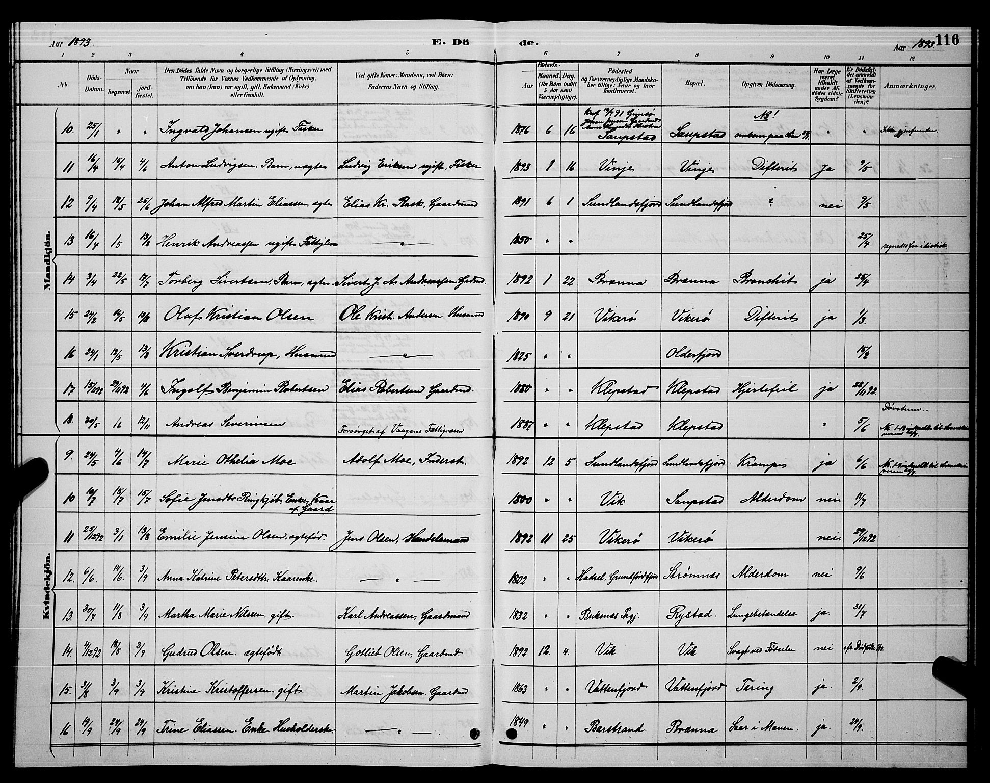 Ministerialprotokoller, klokkerbøker og fødselsregistre - Nordland, AV/SAT-A-1459/876/L1104: Parish register (copy) no. 876C03, 1886-1896, p. 116