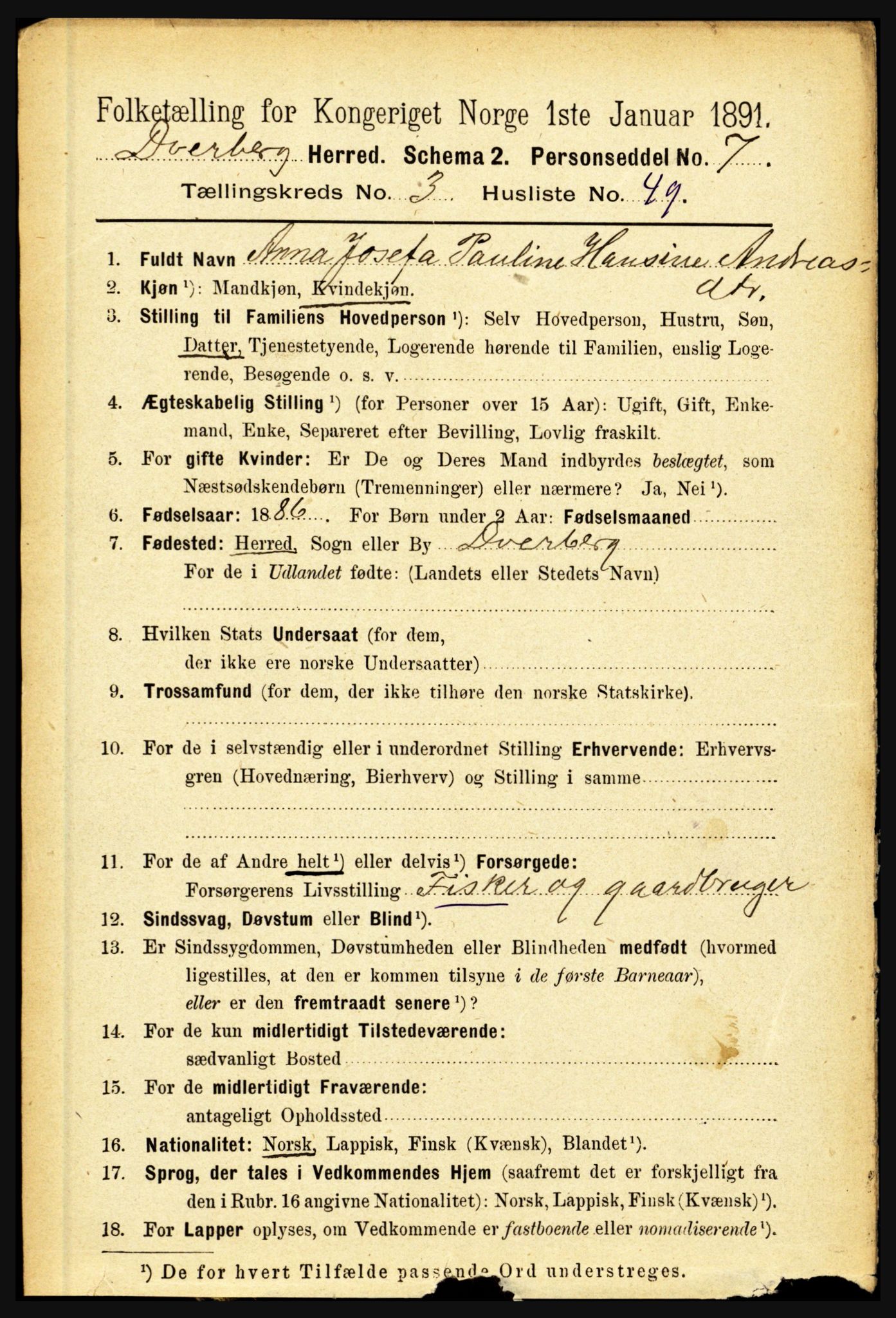 RA, 1891 census for 1872 Dverberg, 1891, p. 1239