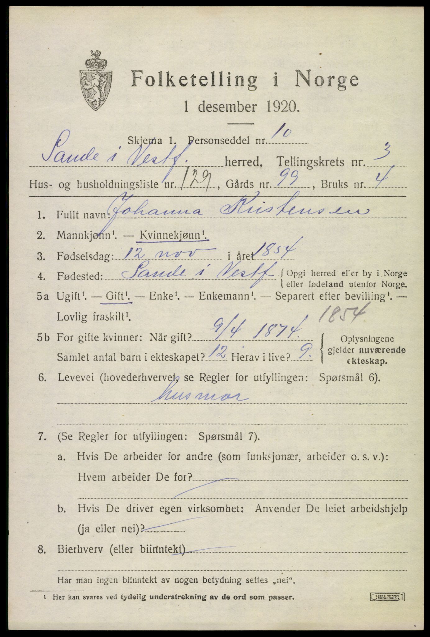 SAKO, 1920 census for Sande, 1920, p. 5602