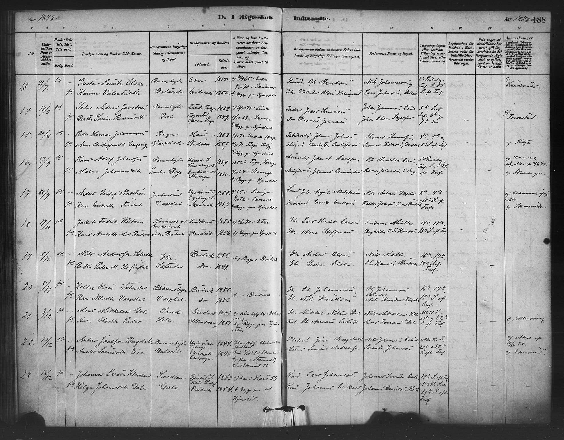 Bruvik Sokneprestembete, AV/SAB-A-74701/H/Haa: Parish register (official) no. B 1, 1878-1904, p. 188